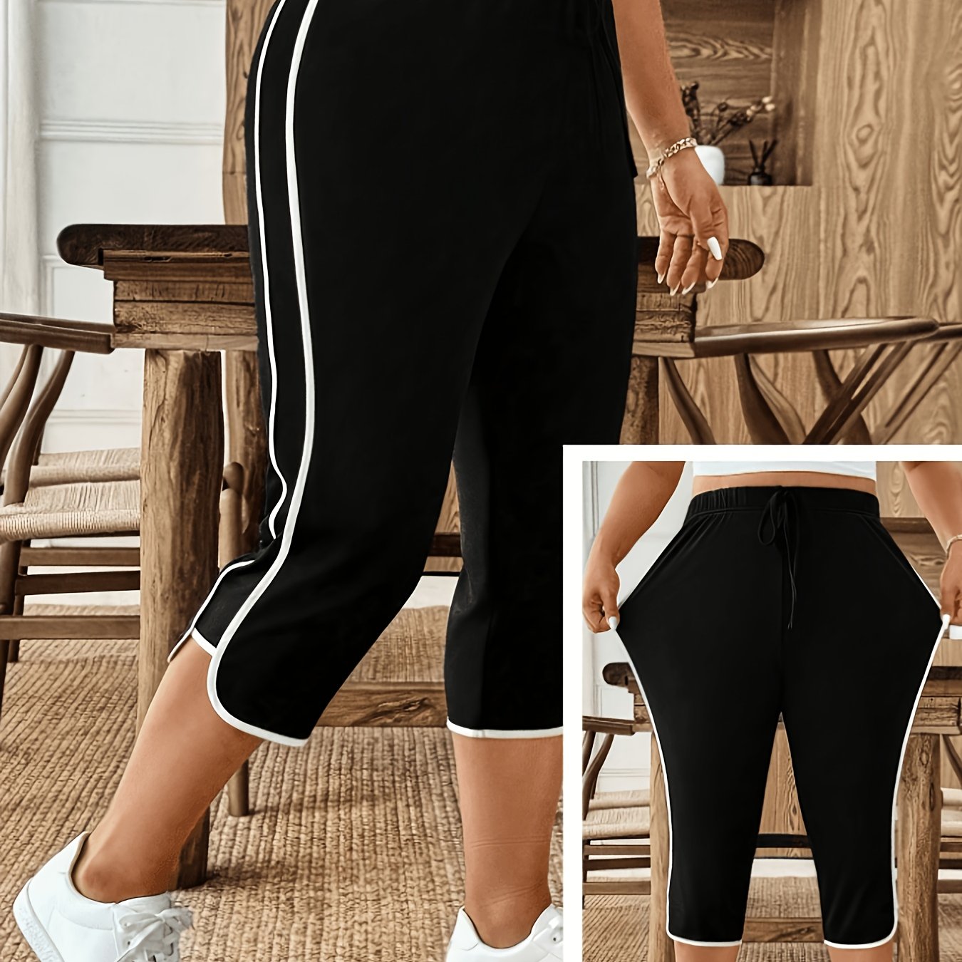 TEMU Plus Size - Plus Size - Plus Size Women's Casual Elegant Bow Drawstring 7-point Wide Leg Pants