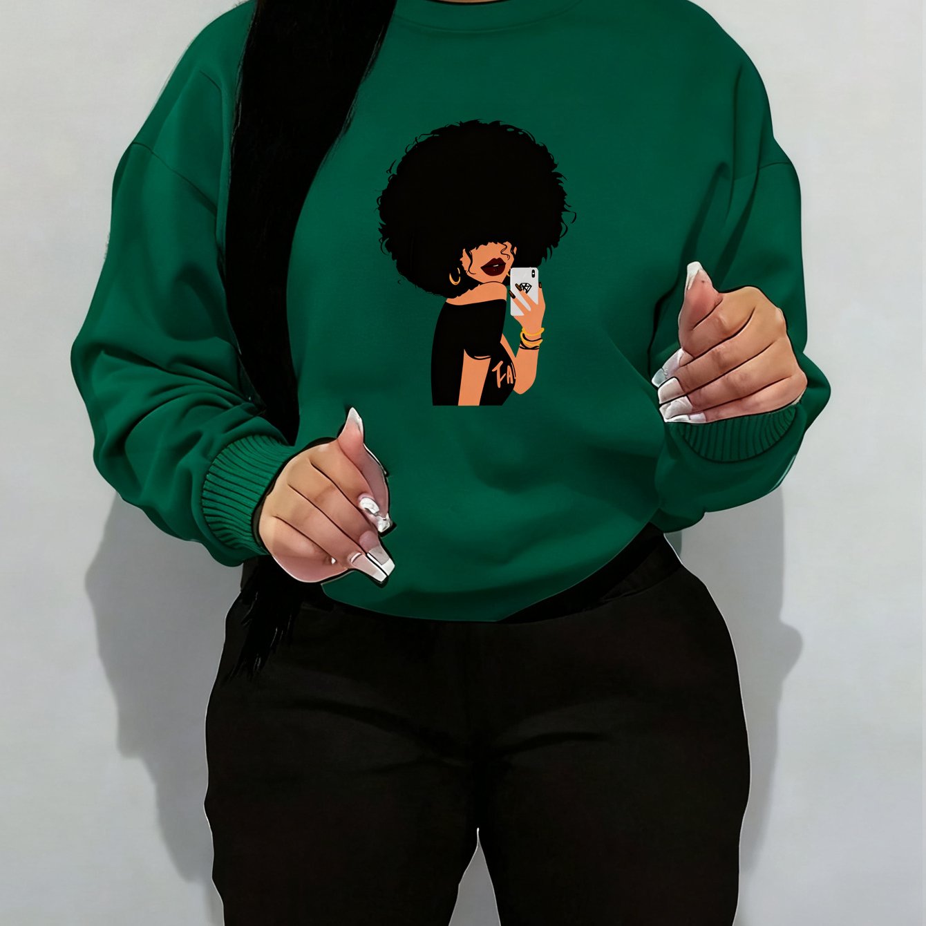 TEMU Women's Afro Female Cartoon Pattern Print Autumn And Winter Round Neck Fleece-lined Warm Lining Women's Casual Sweatshirt Long Sleeves