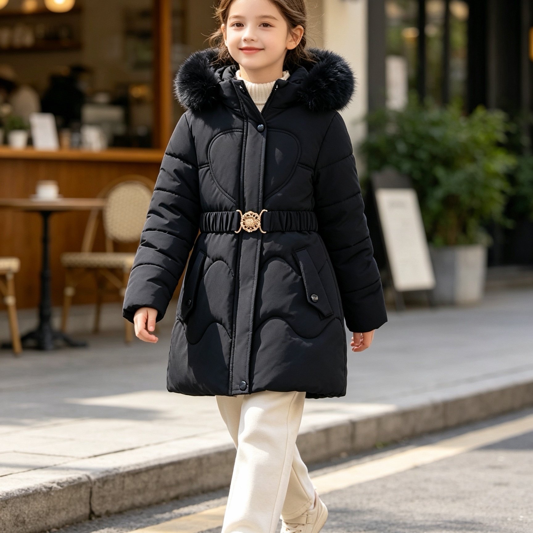 Image of Girls' Fashion Thickened Big Heart Waist Belt Style Jacket, Girls' Clothing, Back-to-school Outfit, Suitable For Outdoor Play 1pc