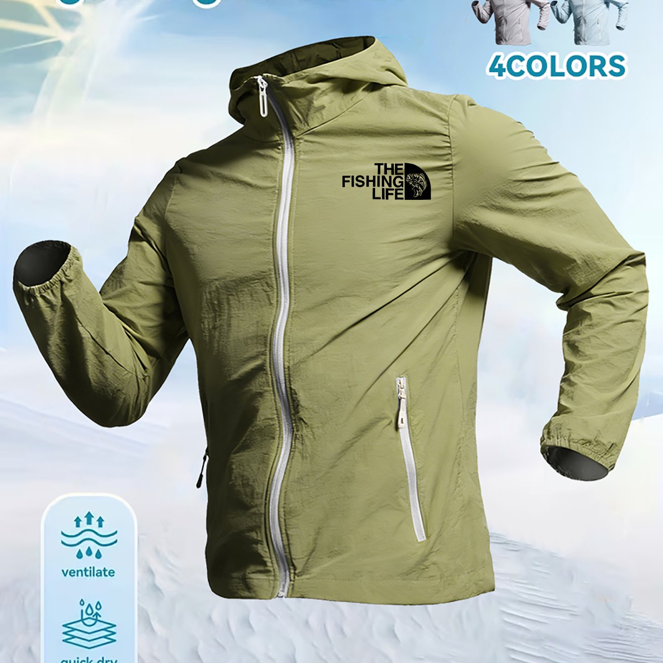 TEMU Life Men's Summer Lightweight Skin Jacket With Fishing-themed Letter Print, Breathable Quick-dry Hooded Casual Outerwear For Outdoor Fishing And