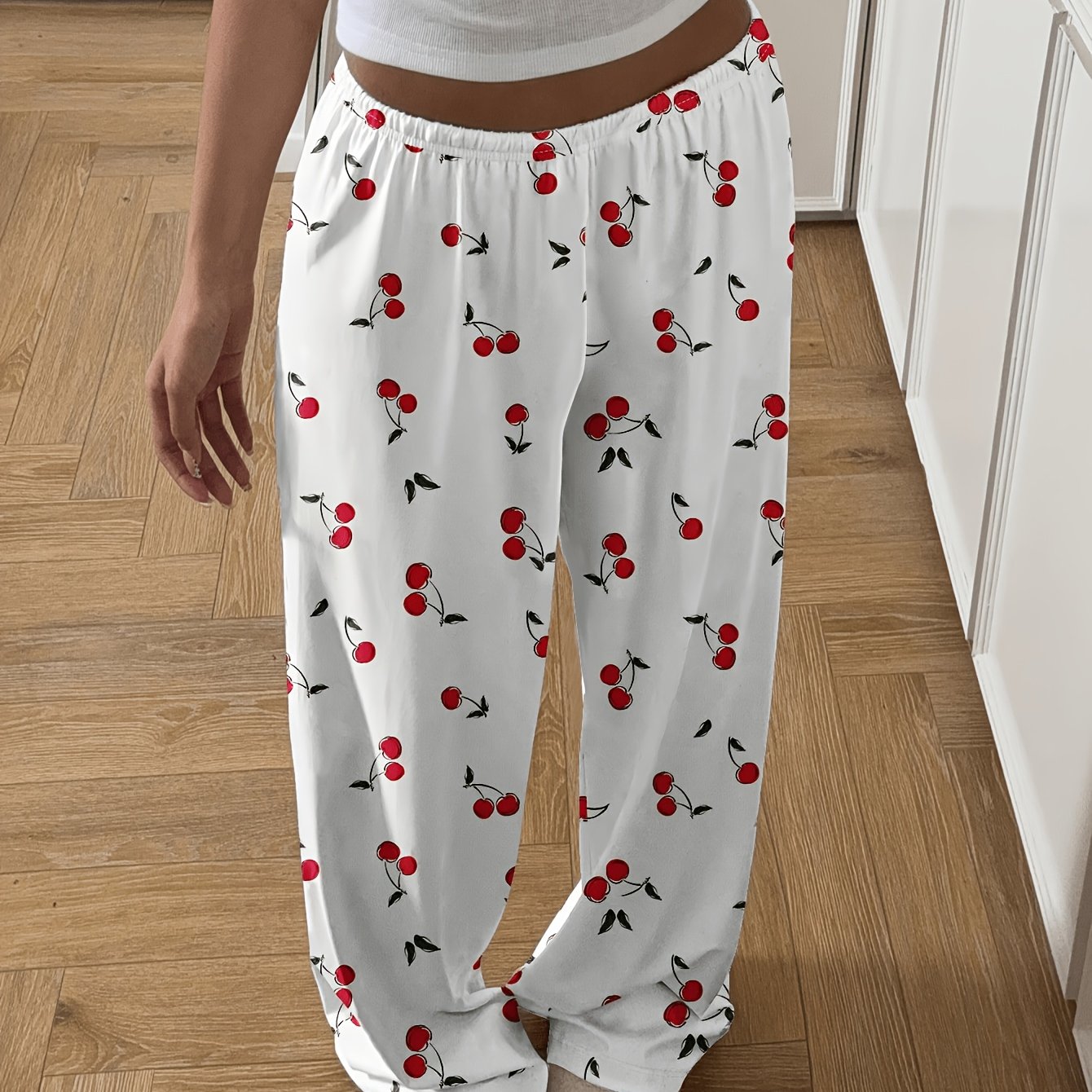 TEMU 26aw Women's Pajama Pants Loungewear, 1pc, Casual Sleep Pants, Cherry Print Comfortable Pajama Pants, Comfortable For Home Use, Loose And