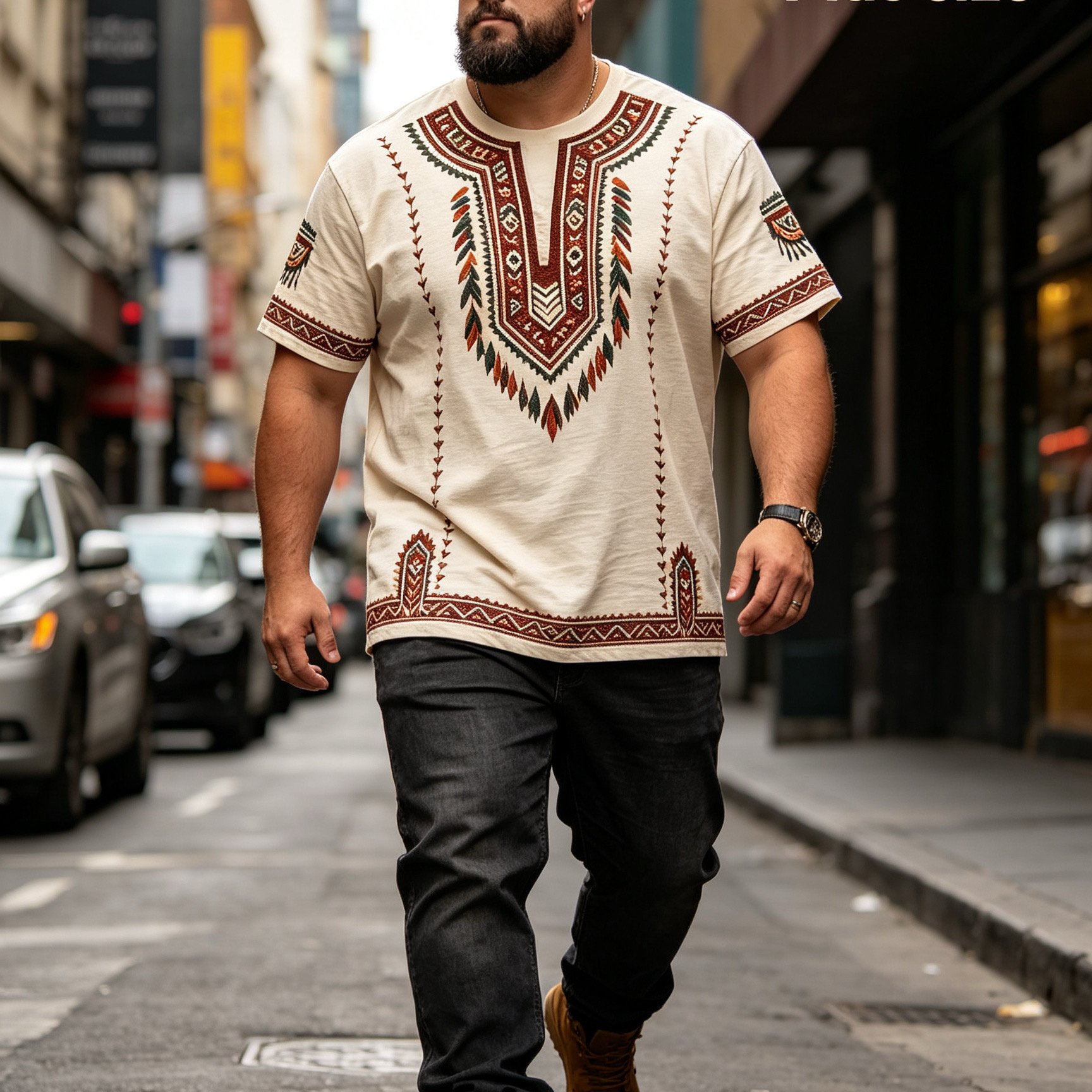 TEMU Plus Size Men's Short Sleeve T-shirt, 2xl-9xl African Ethnic Pattern Loose Round Neck Top, Slight Stretch Breathable Polyester Fabric Machine