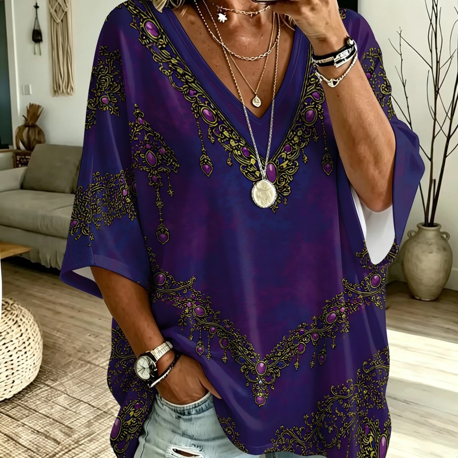 TEMU Plus Size, Women's Plus Size T-shirt With Lace Vine And Amethyst Print Accents, For Daily Wear, Parties, And Casual , Printed Design -