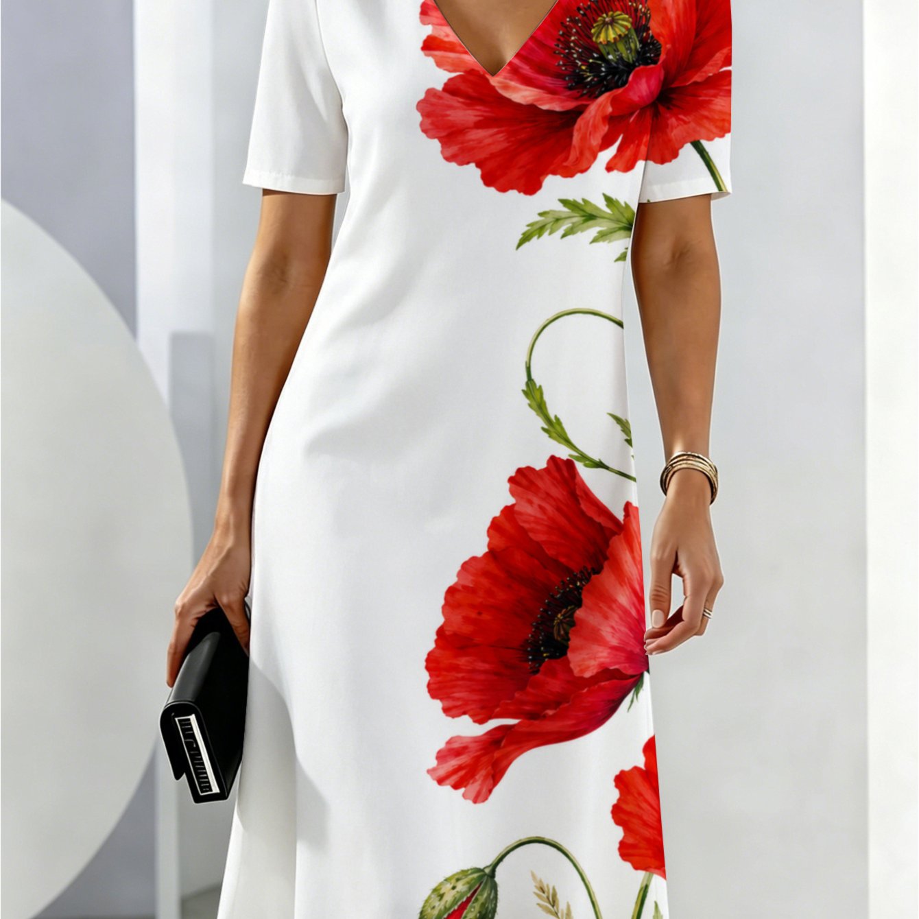 Women's Summer Dresses Red Poppy Floral Print Design Breathable And Comfortable Summer Wear Summer Dress Friendly Deep V-neck