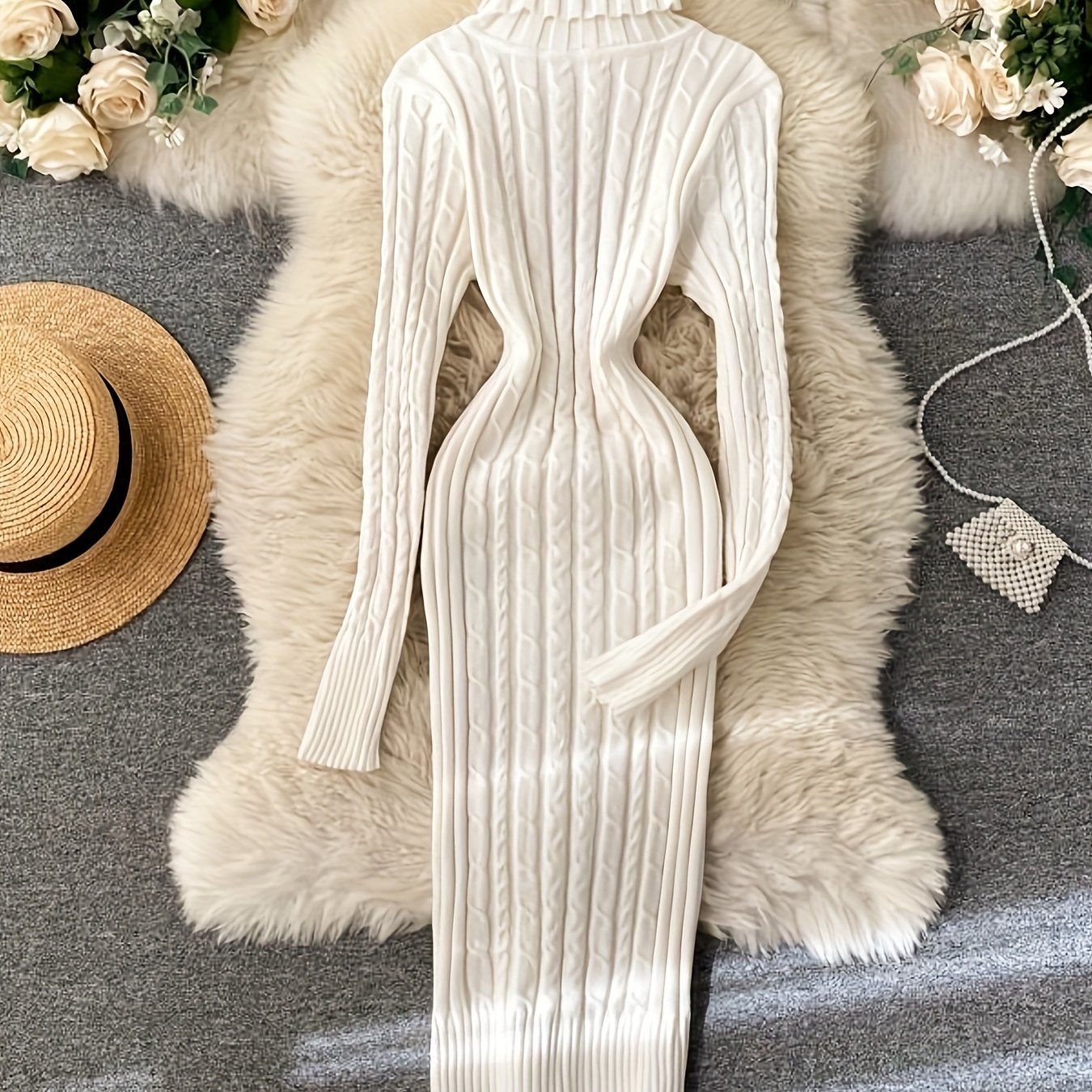 Image of Vintage Twist- Dress For Women, Designed For Autumn And Winter, Featuring A Warm High Collar, Stretchy Fit, And Elegant Soft Texture, Perfect As A Bodycon Sweater Dress
