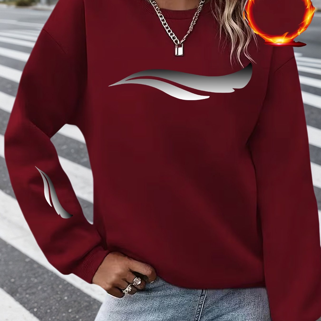 TEMU 1pc Long Sleeve Sweatshirt With Wave Pattern Embellished Cuff Details, Comfortable And Versatile Style, New Y2k Style, Elegant Women's