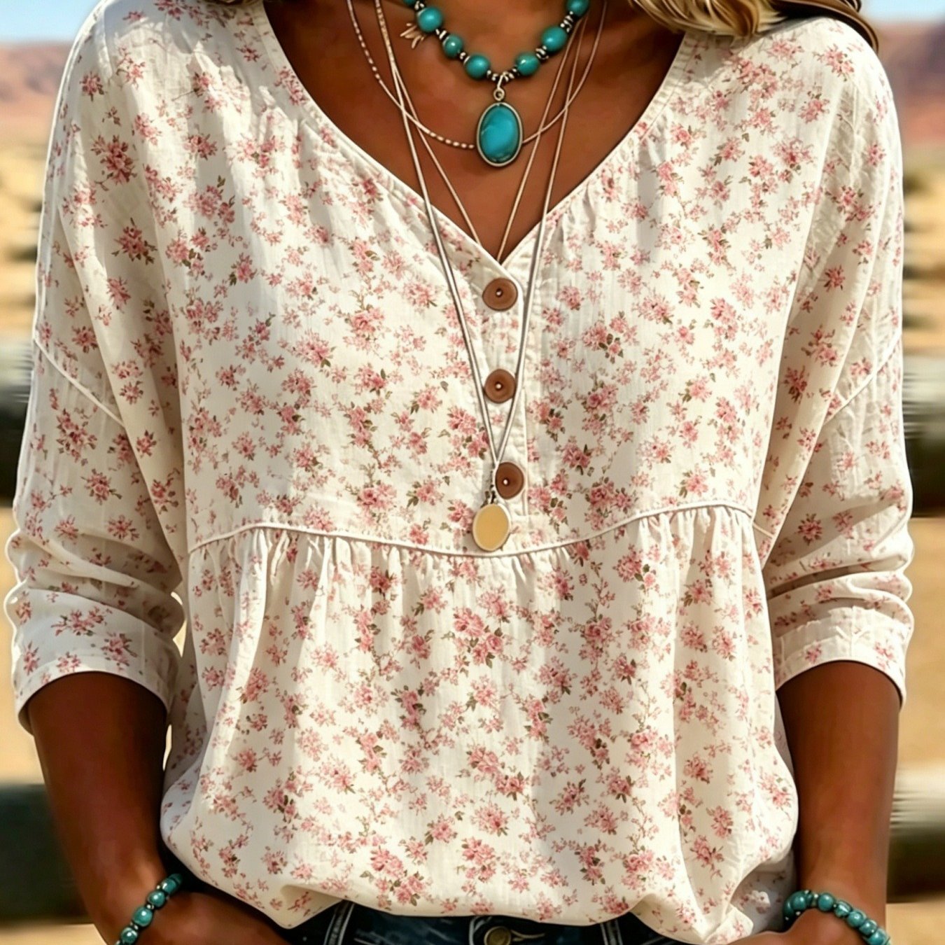 Women's Retro Floral Print V-neck Button- Short-sleeve Casual Shirt