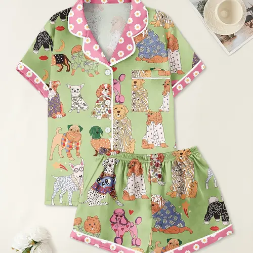 womens casual dog print pajama set short sleeve collared top with front pocket matching shorts soft polyester blend animal patterns loungewear print soft