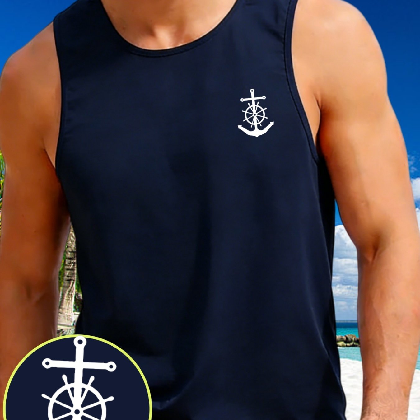 TEMU Nautical Anchor Print Sleeveless Vest - Navy Blue Round Neck Summer Beachwear Top, Machine Washable Casual Suitable For Boating, Fishing & Urban