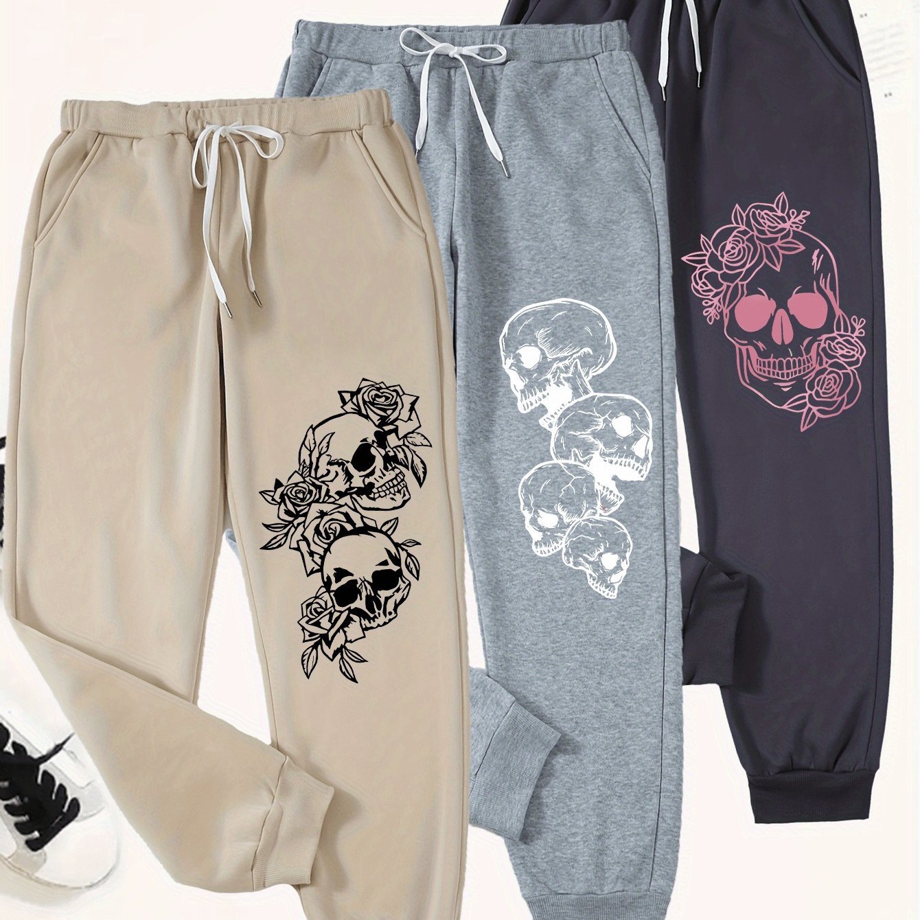 TEMU 3pcs Elastic Waistband Waist-tying Sweatpants â 100%, , Elasticity, Fabric, Skull Print â Machine Washable, Multi-functional Sportswear And
