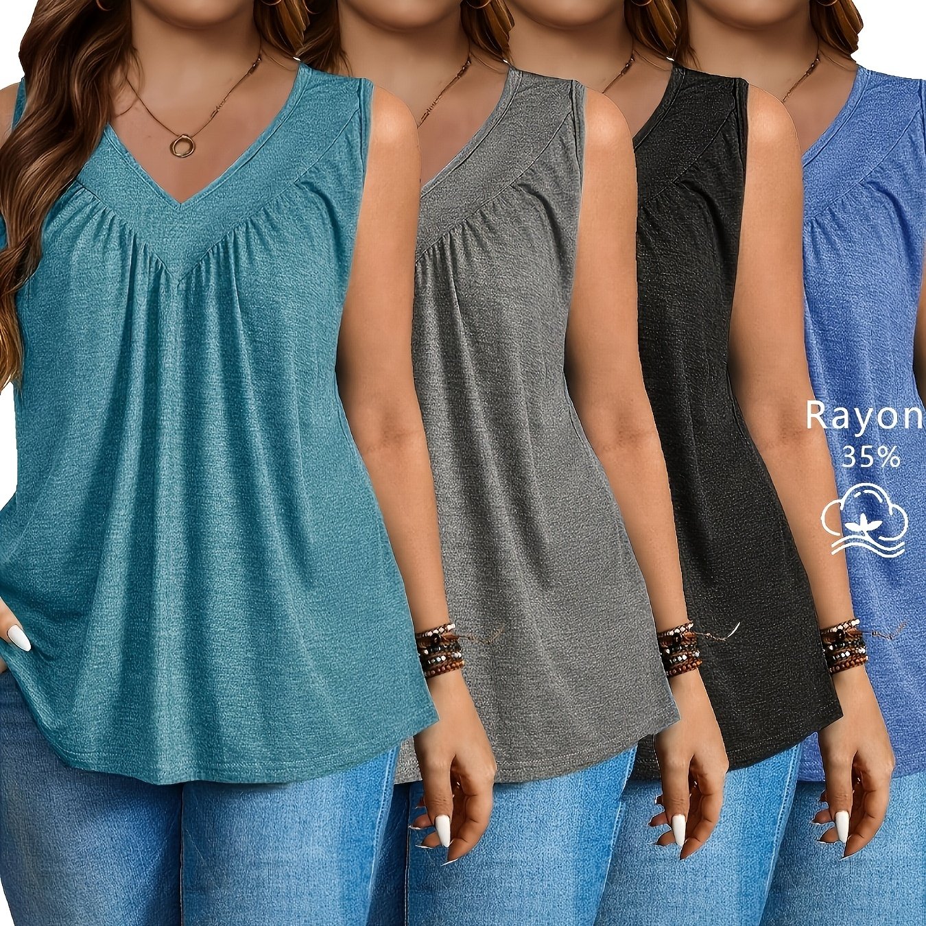Plus Size, Women's New Four-piece Set Sleeveless V-neck Tank Tops, Solid Versatile, 2025 New Loose Casual Versatile Tank Tops, Pleated Design, Suitable For Summer