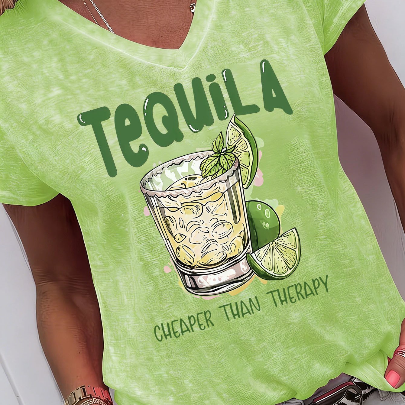 Style Tequila Print Short-sleeve (v-neck) Shirt, Fresh And Retro Style. Women's Short-sleeve (v-neck) Shirt For Spring And Summer. Casual And Versatile, Suitable For . Comfortable And Breathable