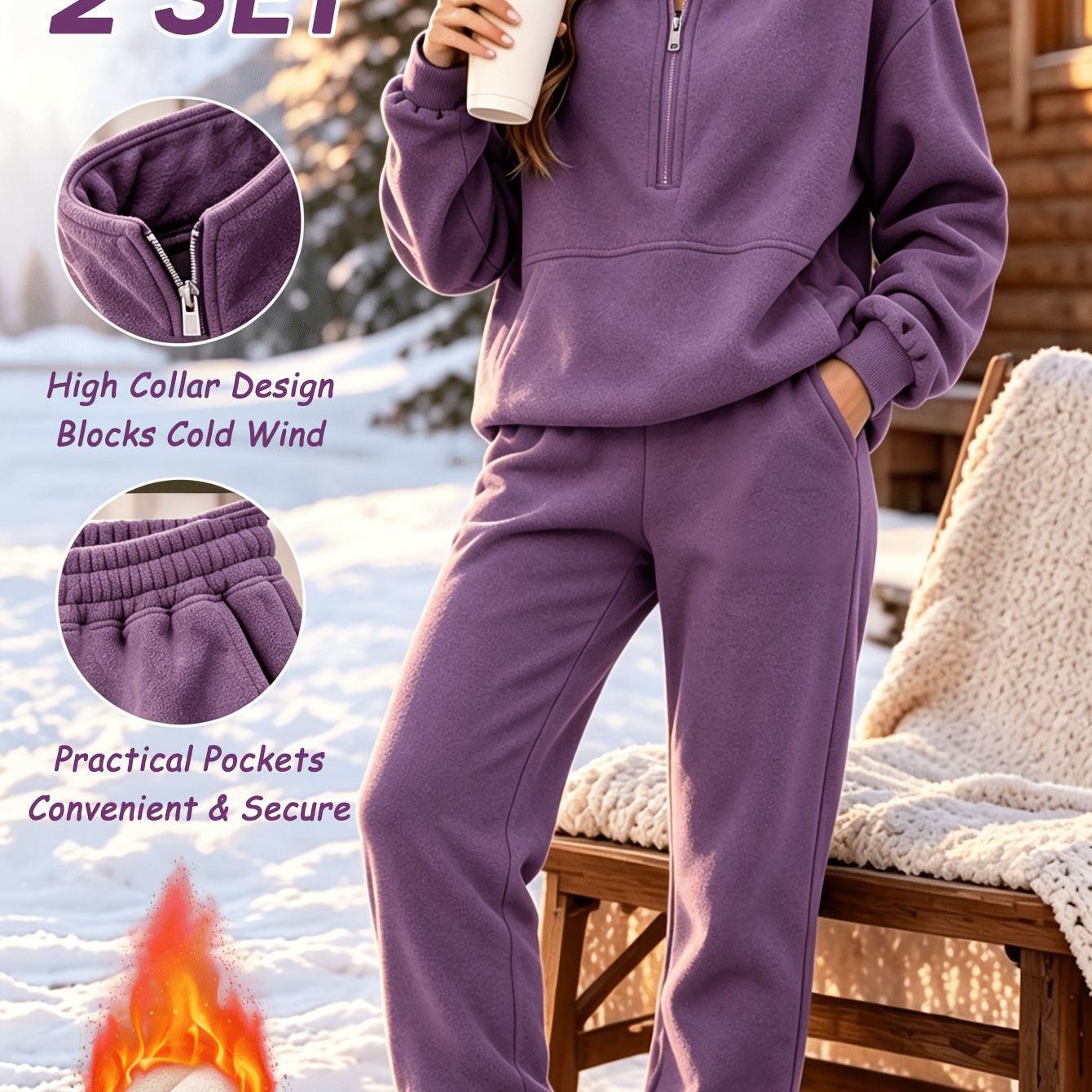 TEMU Women's Fleece Pullover Jogging Pants Set, Casual Long-sleeve Crew Neck Pullover With Elastic Waist And Stretch Pants Two-piece Set, Soft Fleece
