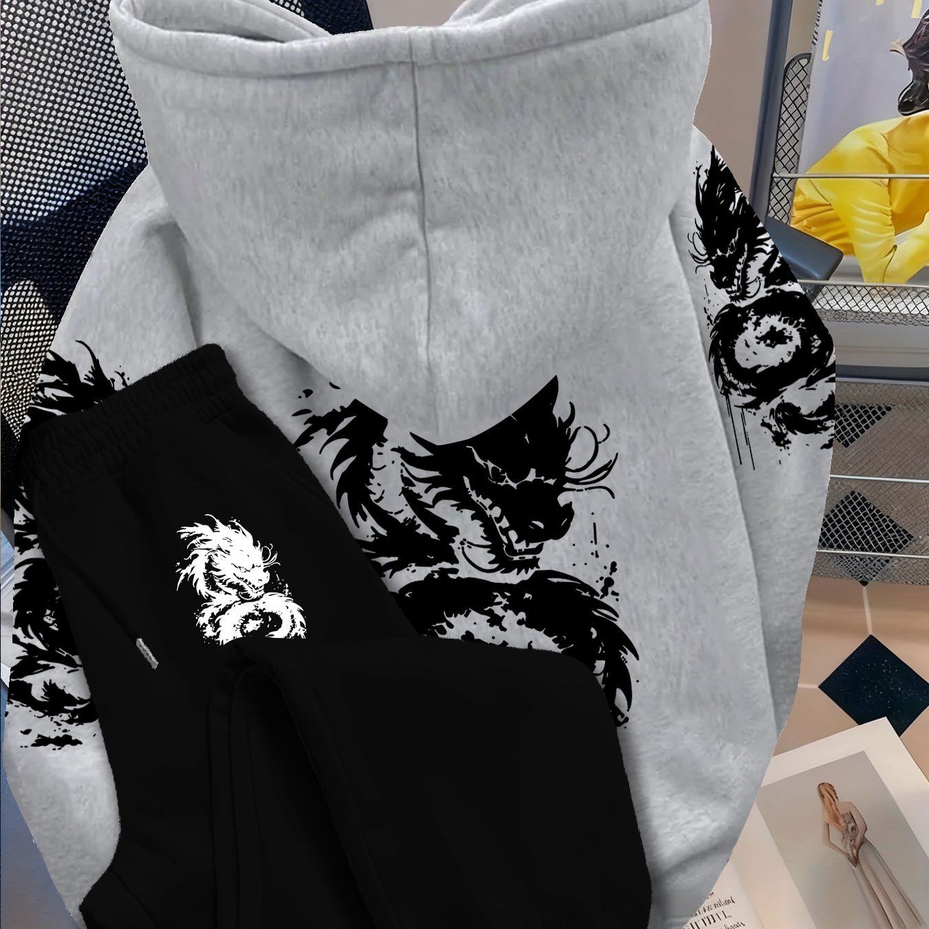 TEMU Casual And Stylish Outfit Set Featuring A Dragon Pattern Hoodie, Designed For Men With A High-end Feel, Suitable For Outdoor Activities And