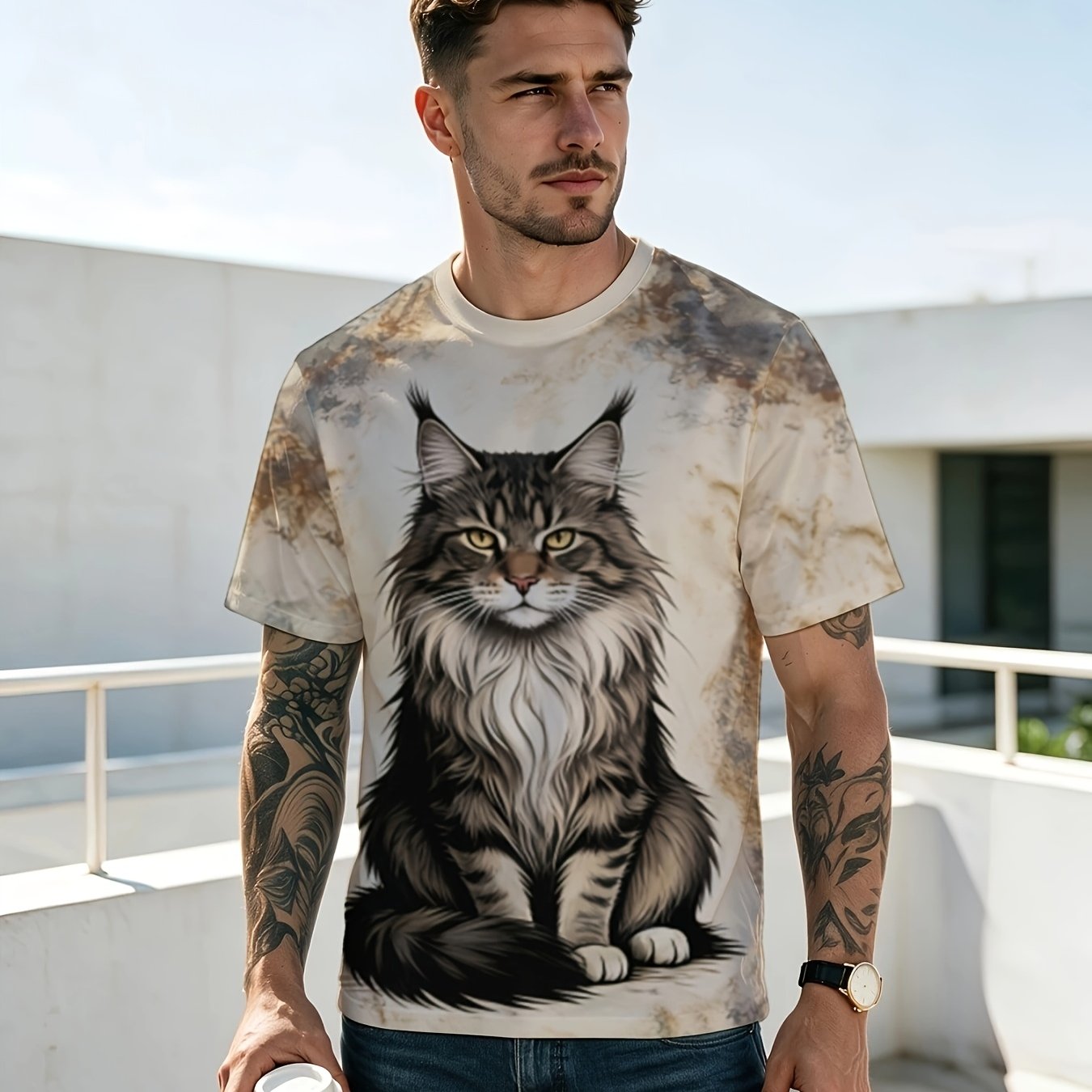 TEMU Men's Maine Coon Cat Print T-shirt, Summer Vintage Tie-dye Short Sleeve, Retro Style Pattern Top [printed Design - Not Textured]