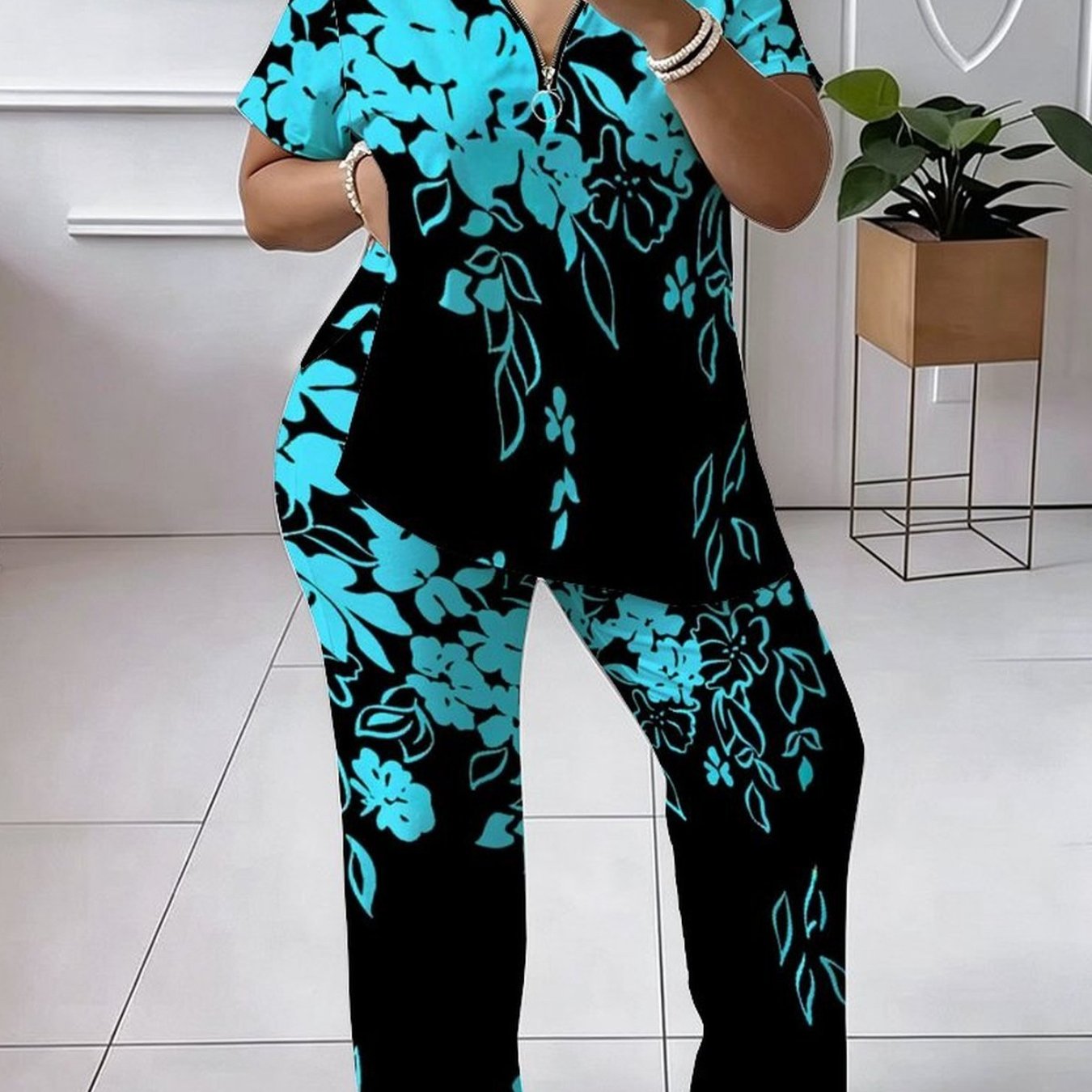 Plus Size - Women's Suit, Plus-size Women's Suit, Full-body Floral And Tree Pattern, Casual Party, Comfortable Material, Stylish And Unique Short-sleeve Top, Comfortable And Breathable Pants Set