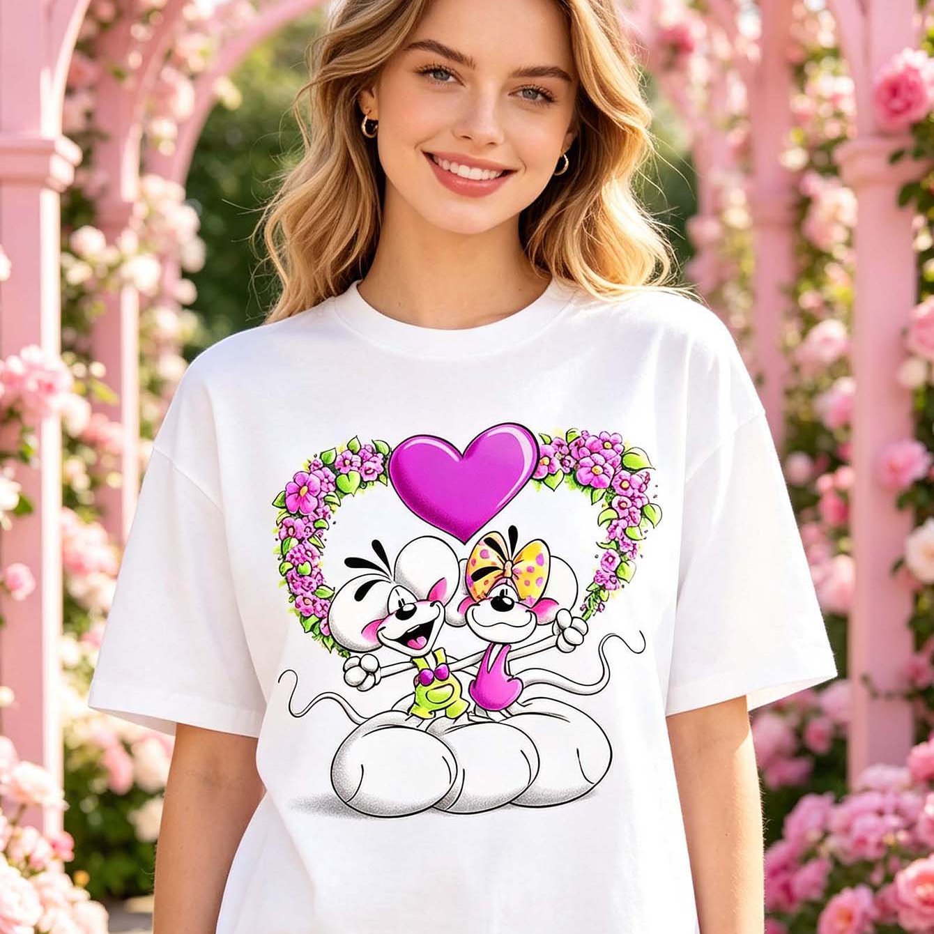 Cute Cartoon Mice Love Heart Floral Print Women Loose T-shirt Casual Short Sleeve White Round Neck Daily Wear Tee Festival Gift