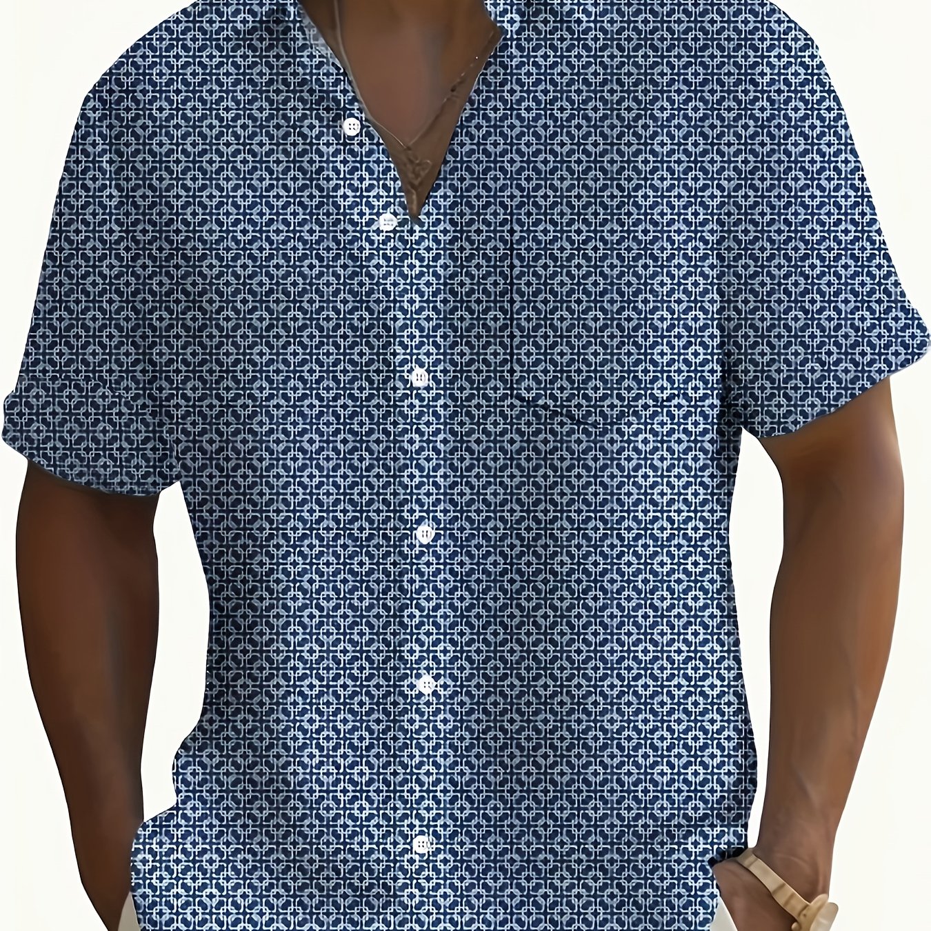 E-shop Herren Retro Geometrisches 3D Digitalbedrucktes Kurzarmhemd mit , 100% Polyester, Nicht-Stretch-Material, Kragen, Knopfverschluss, Sommer