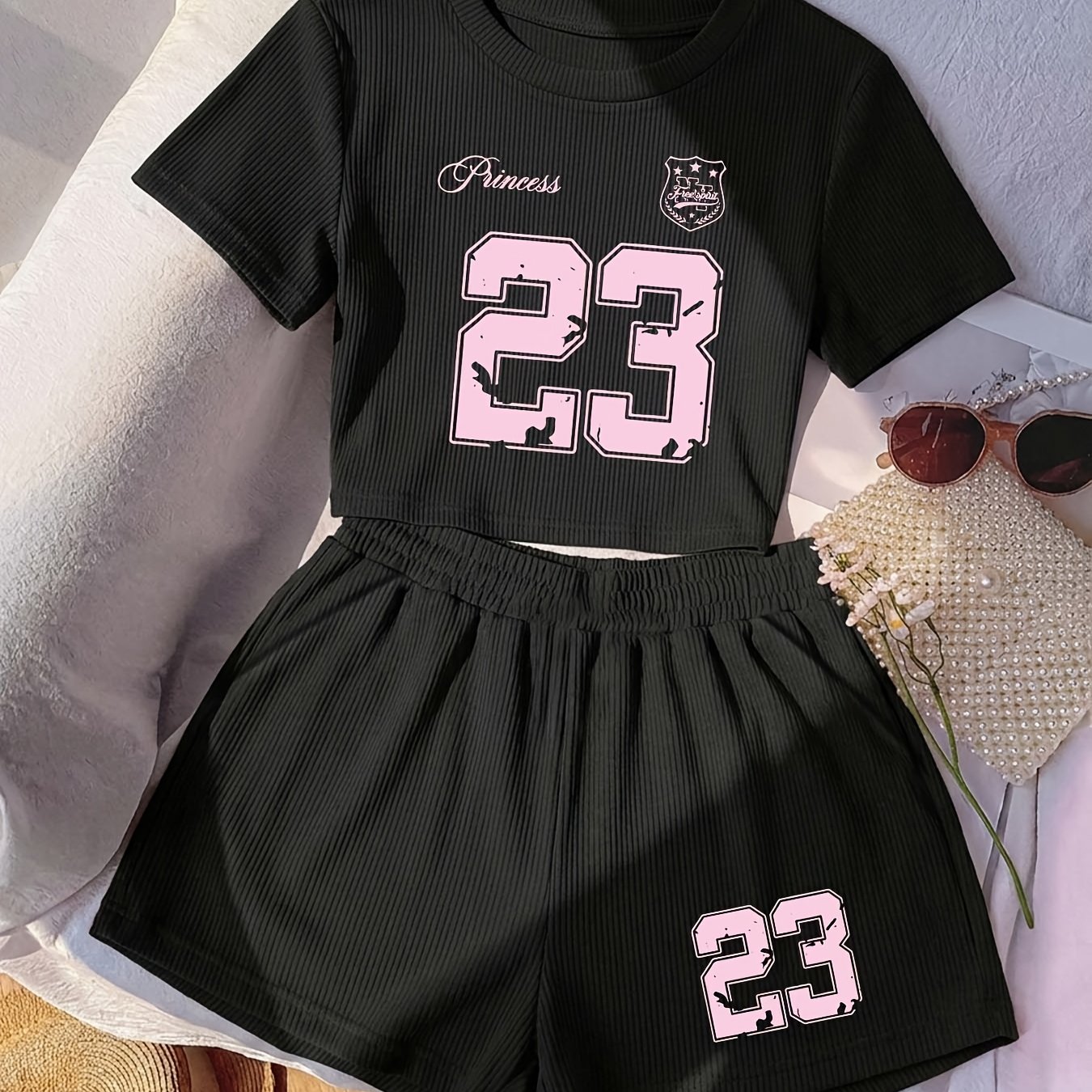 TEMU Women's Short Sleeve   Shorts Set, Number 23 Summer Women's 2pcs Set, Ribbed Fabric, Comfortable And Breathable, Y2k Style, Suitable For ,