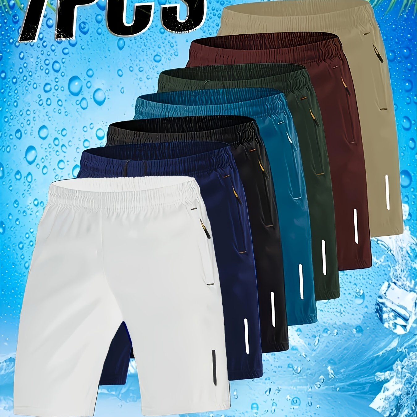 TEMU Hot 7pcs Men's Casual Sports Shorts Set, Individual Reflective Strip Design, Side Zippered Pockets, Elastic Drawstring Waistband, Multiple