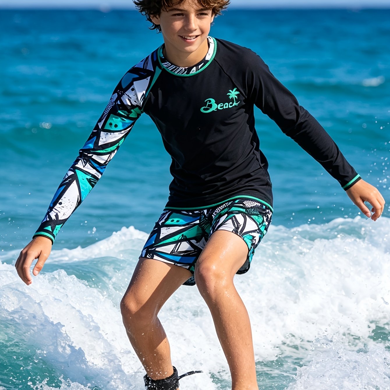TEMU Boys' Geometric Print Long-sleeve 2pcs Swimsuit, Suitable For Swimming, Summer Vacations, Beach, Seaside, Surfing, Pool, And Summer Holiday