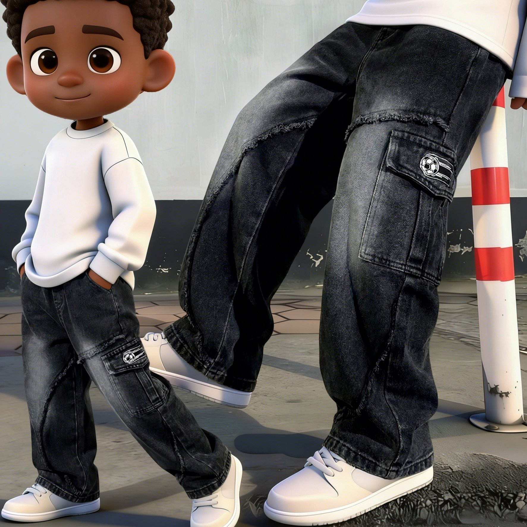 Image of Unisex Distressed Denim Cargo Pants, Edge Cargo Style Side Pockets Football Embroidery, Trendy Cool Casual Long Trousers