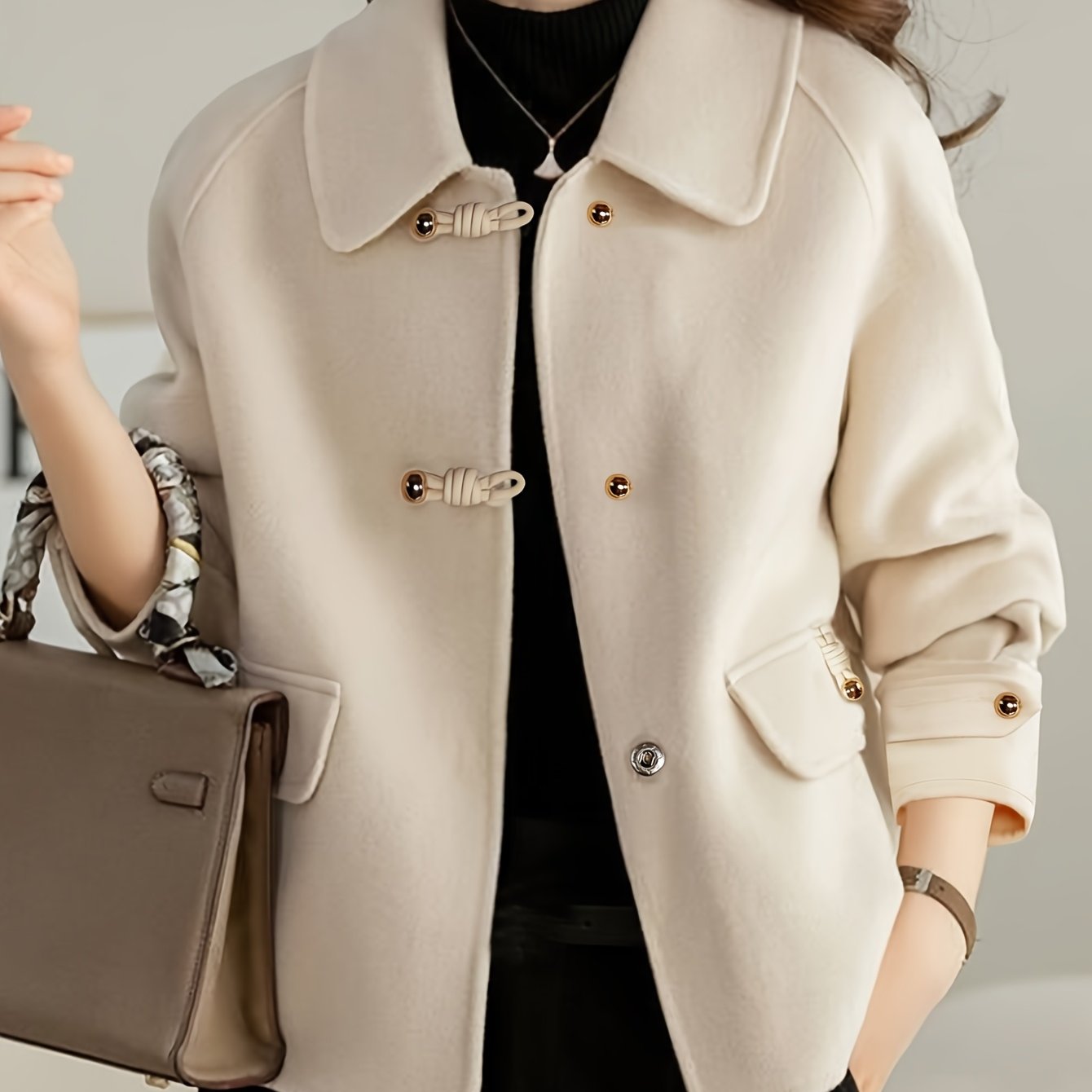 TEMU New Autumn/winter Gentle And Elegant Doll Collar Tweed Short Jacket For Women, Pearl Button Decoration, Flap Pockets, Loose Fit,, Versatile