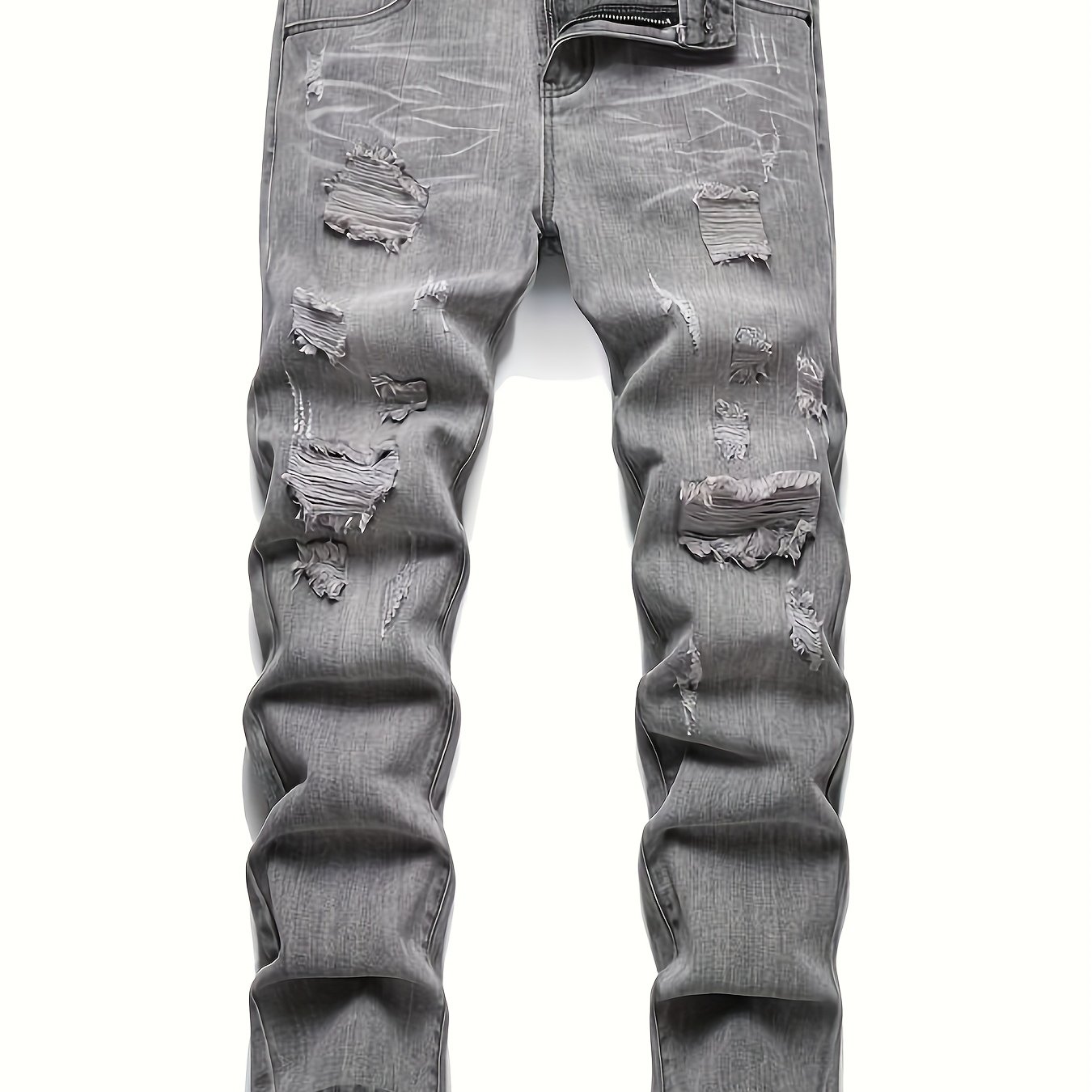 TEMU Single Pc Gray Men's Denim Jeans - Non-stretch Tapered Fit, Biker Style Ripped Jeansfor Men