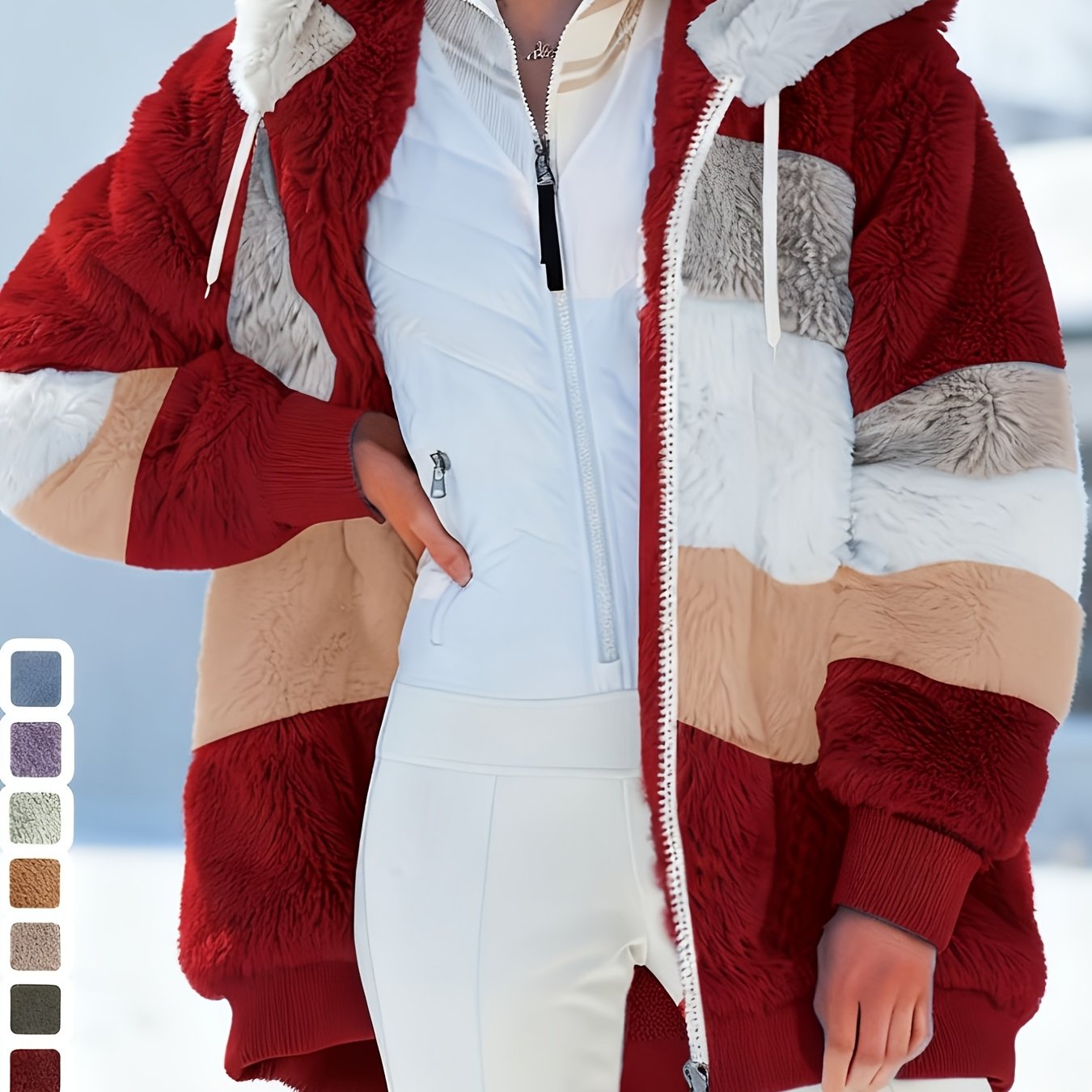 TEMU Veste d'hiver en peluche pour femme à capuche, fermeture éclair et poches - Blazer double blocs de couleur coupe droite H, vêtement d'extérieur