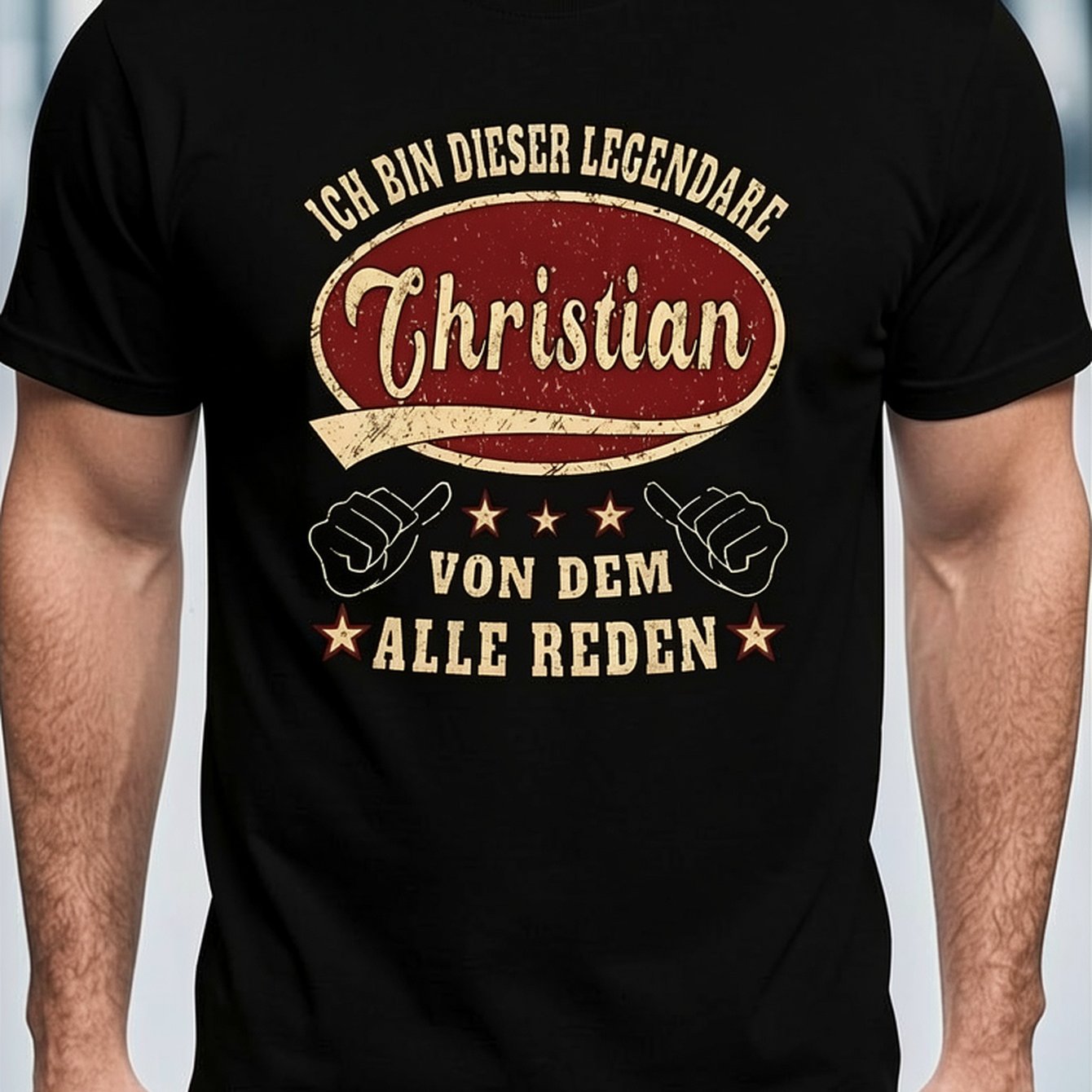 Image of Men's German Proverb T-shirt With "ich Bin Der Christian" & - Royal Graphic Tee, Stretch Fabric Short Sleeve Crew Neck Casual Shirt Suitable For German Language & Casual Attire, Machine Washable Top