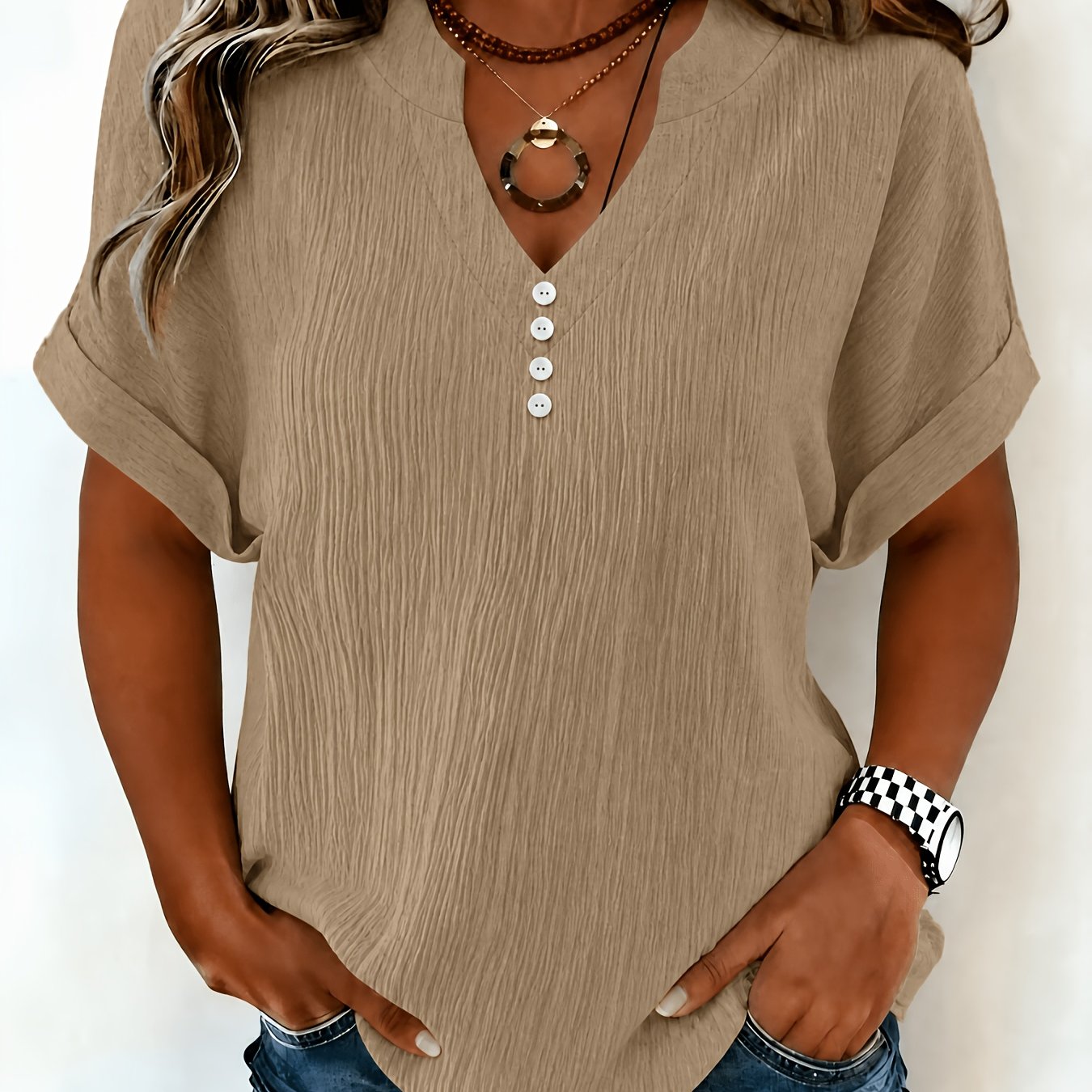 TEMU T-shirt à boutonnage devant et col rond pour femme - Haut à manches courtes de couleur unie, lavable en machine, chemise et décontractée adaptée