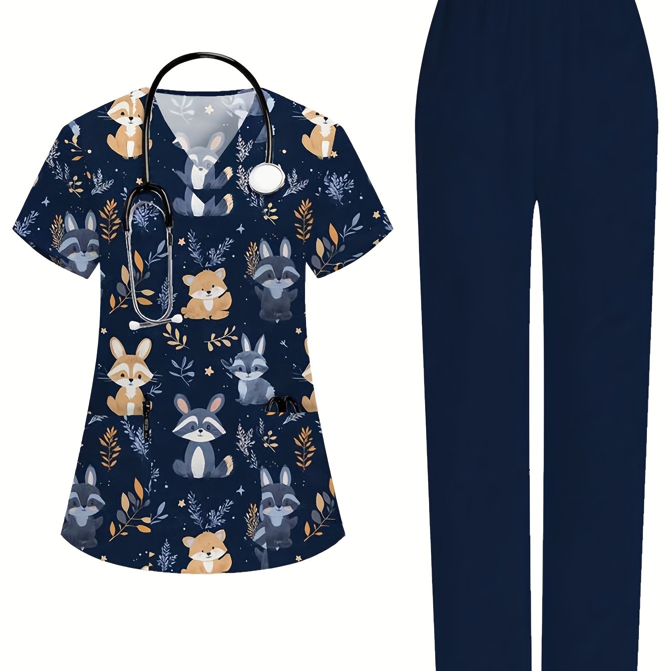 TEMU Ensemble Décontracté Deux Pièces Femme - Haut à Col V et Pantalon Slim Fit Multifonctionnel Imprimé Animaux, Confortable et Fonctionnel pour