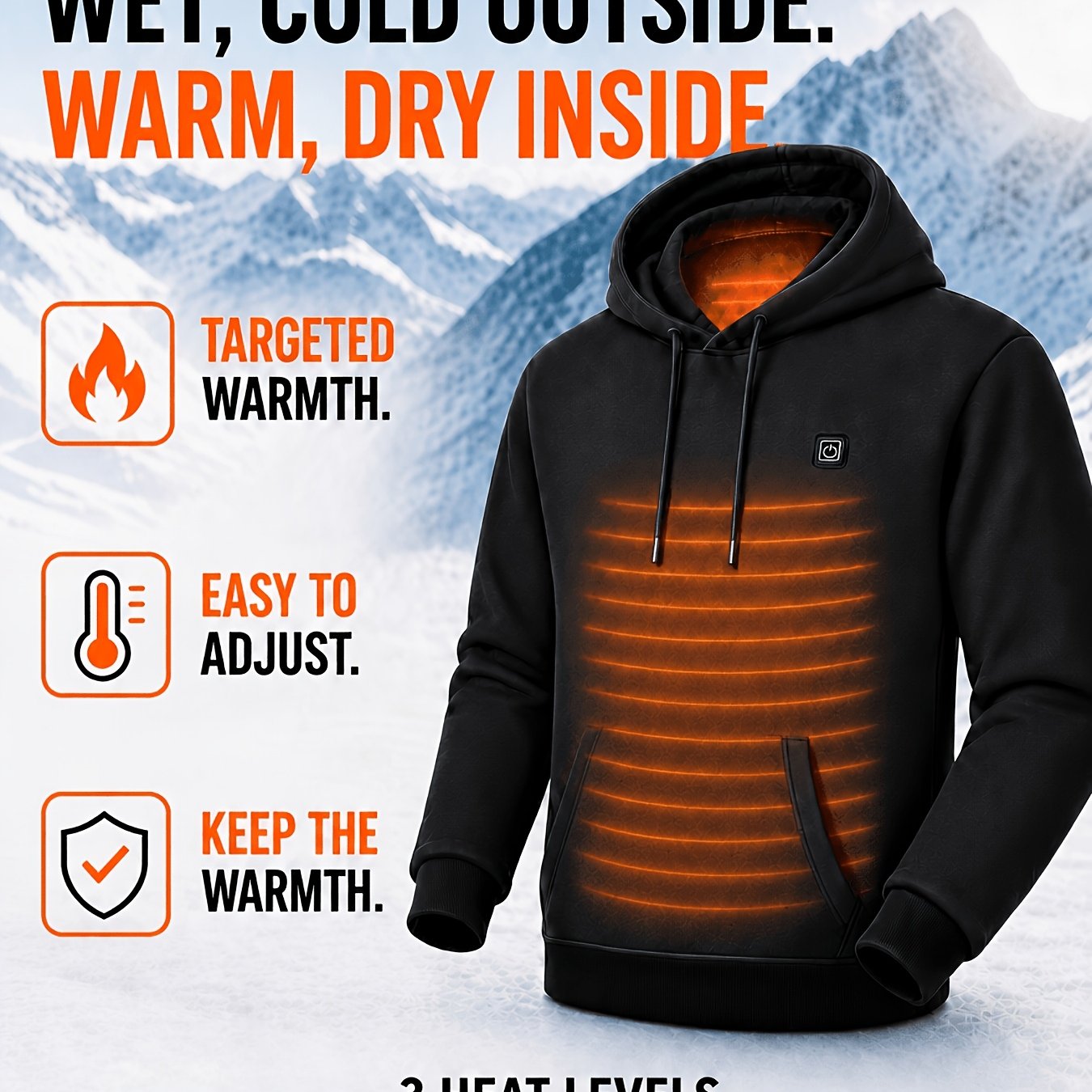 TEMU Men's Winter Electric Heated Hoodie, Three-speed Temperature Control, 12 Heating Zones, Warm And Fast- Outerwear, Suitable For European Winter