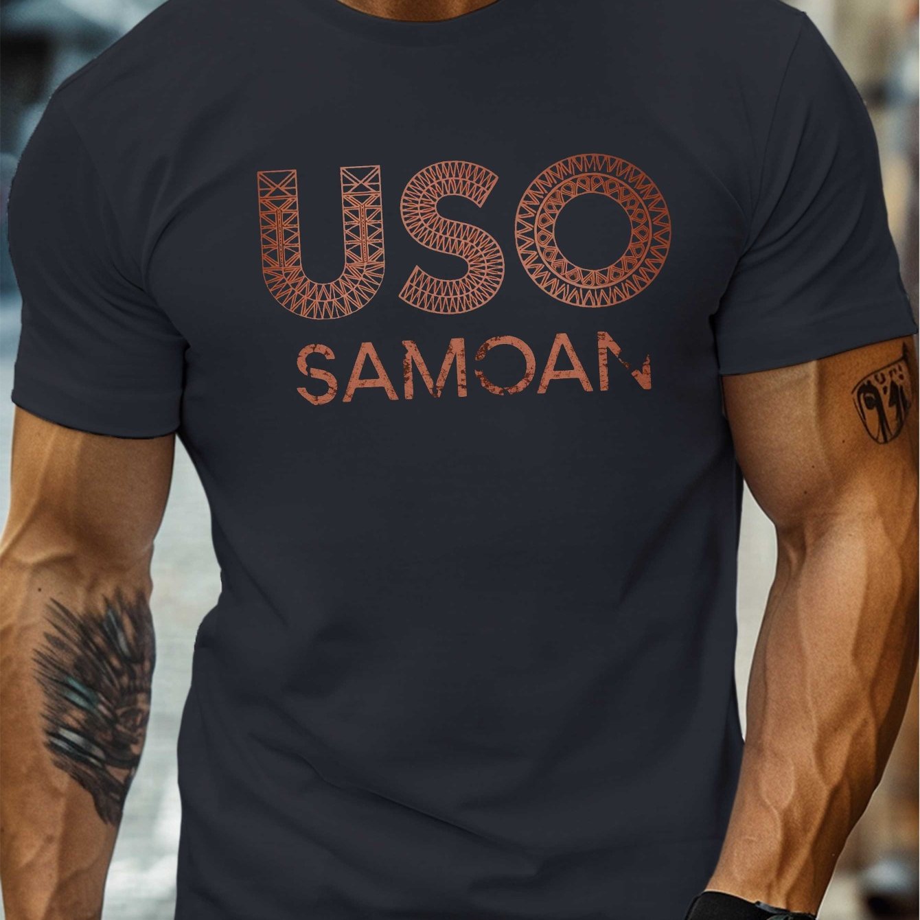 TEMU Men's Plus Size Samoan Tribal T-shirt - Usoan Lettering & Authentic Uto , Crew Neck Short Sleeve Casual Shirt Suitable For Cultural Events,