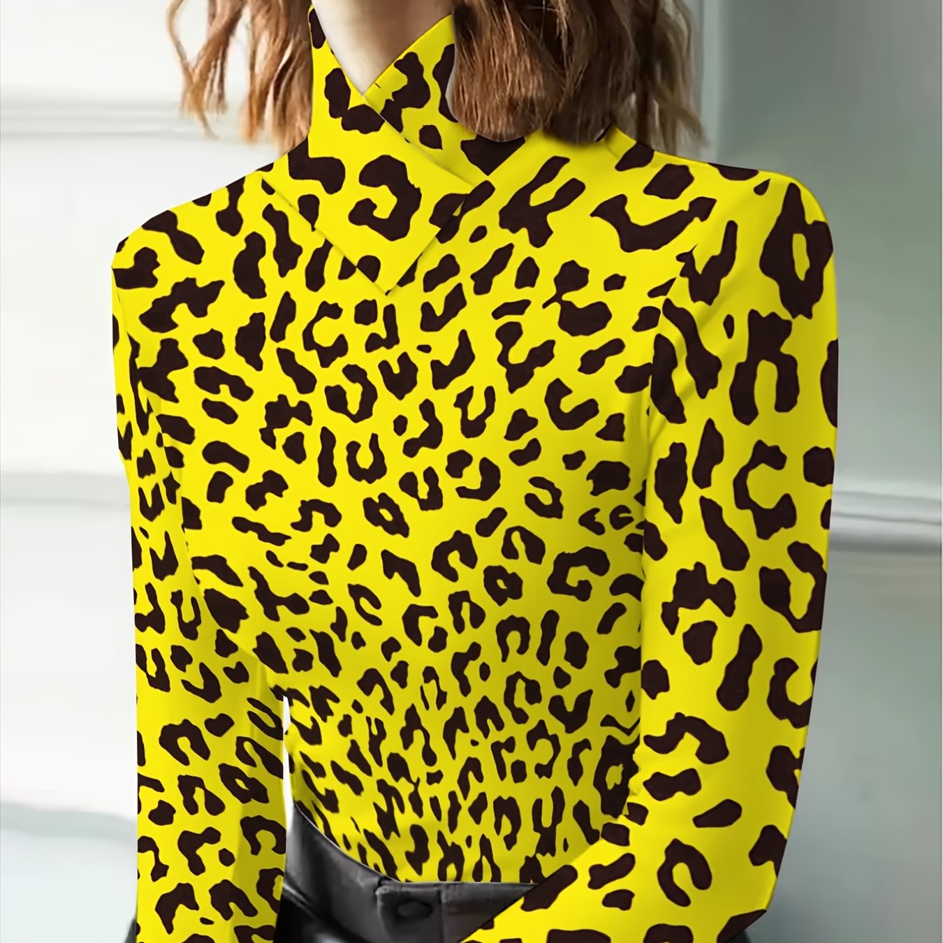 TEMU Women' Size Half-high Neck Base Layer Top, Long-sleeve Top With Unique Yellow And Print, Stretchy Slim-fit Long-sleeve T-shirt, Comfortable And
