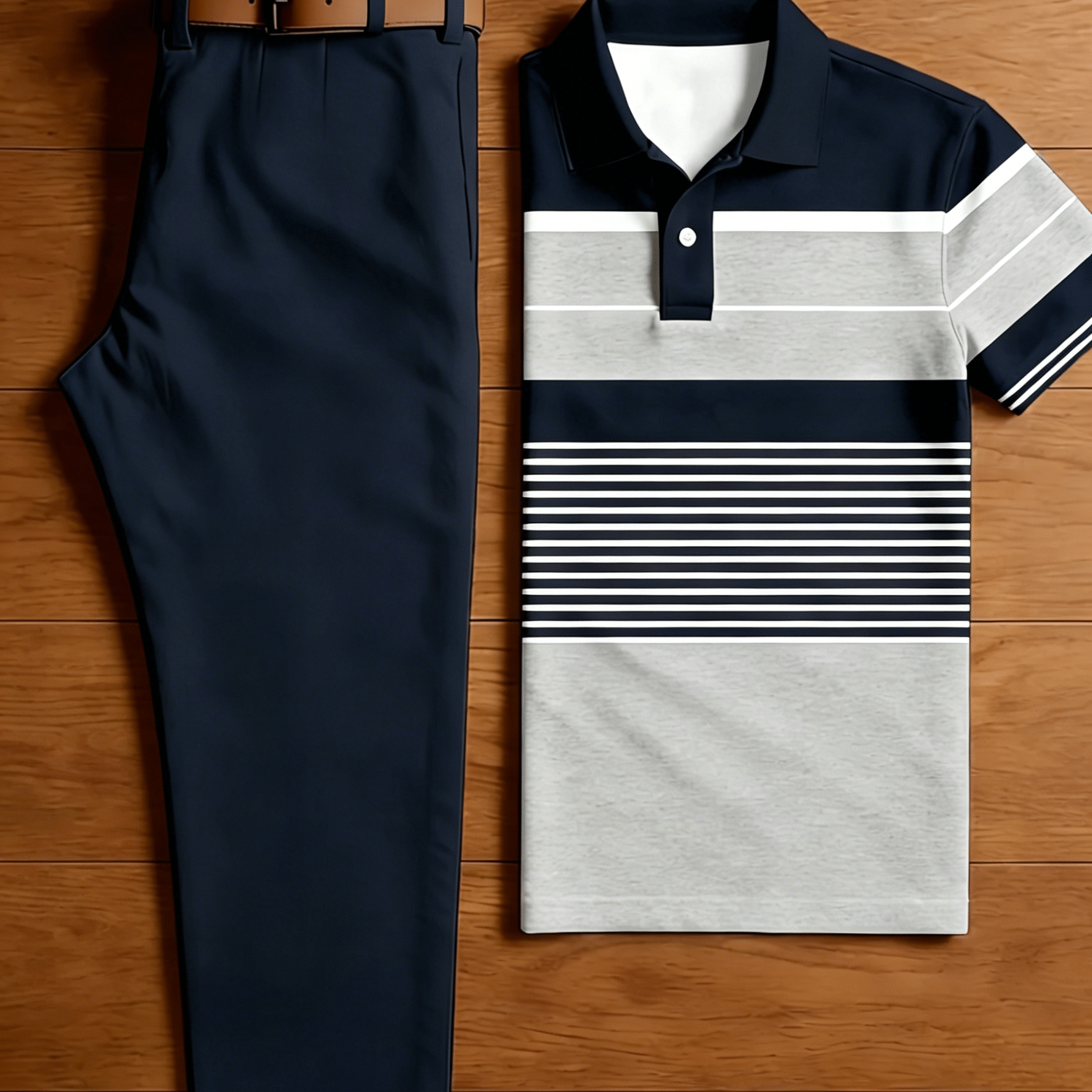Men's 2pcs Casual Outfit Set, Color Block Mixed Horizontal Striped Short Sleeve Shirt And Solid Navy Straight Leg Chino Pants, Summer Breathable Golf Daily Holiday Matching Suit
