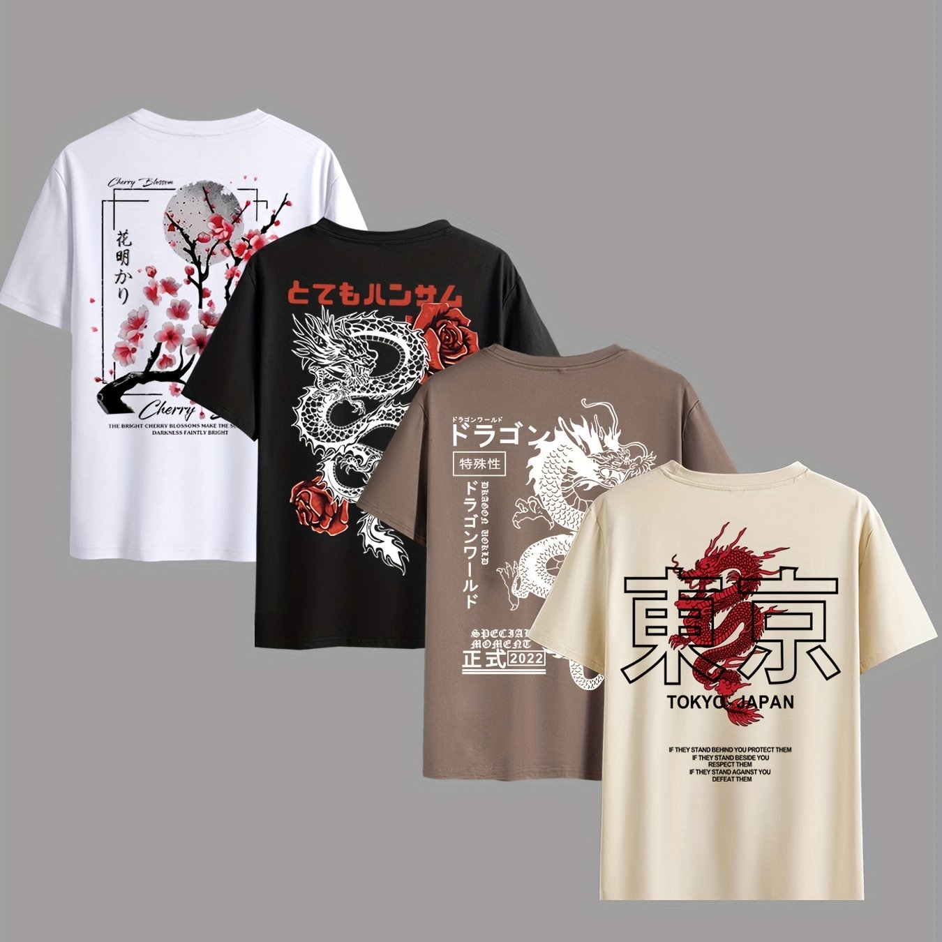 TEMU Men's Casual Short-sleeve T-shirt With Chinese Dragon Print Collar, Suitable For Summer , 4pcs Short-sleeve Set