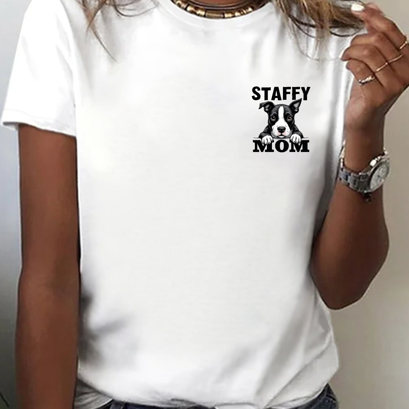TEMU Women's Mom T-shirt - Short Sleeve Crew Neck Casual Top With Australian Dog Breed Print, Medium Elasticity Comfortable Casual Attire For Dog