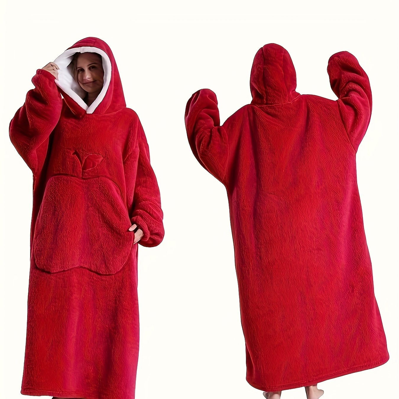 TEMU Comfortable Embroidered Hooded Robe For Women, Casual Flannel With Pockets, Slightly Stretchy, Solid Color Loose Fit, Cozy Breathable Loungewear