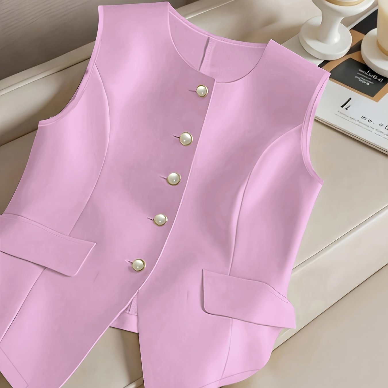TEMU [development Yy251212048] Women's Sleeveless Single-breasted Waist-cinching Shirt With Pockets - Stylish And Versatile For Casual Attire