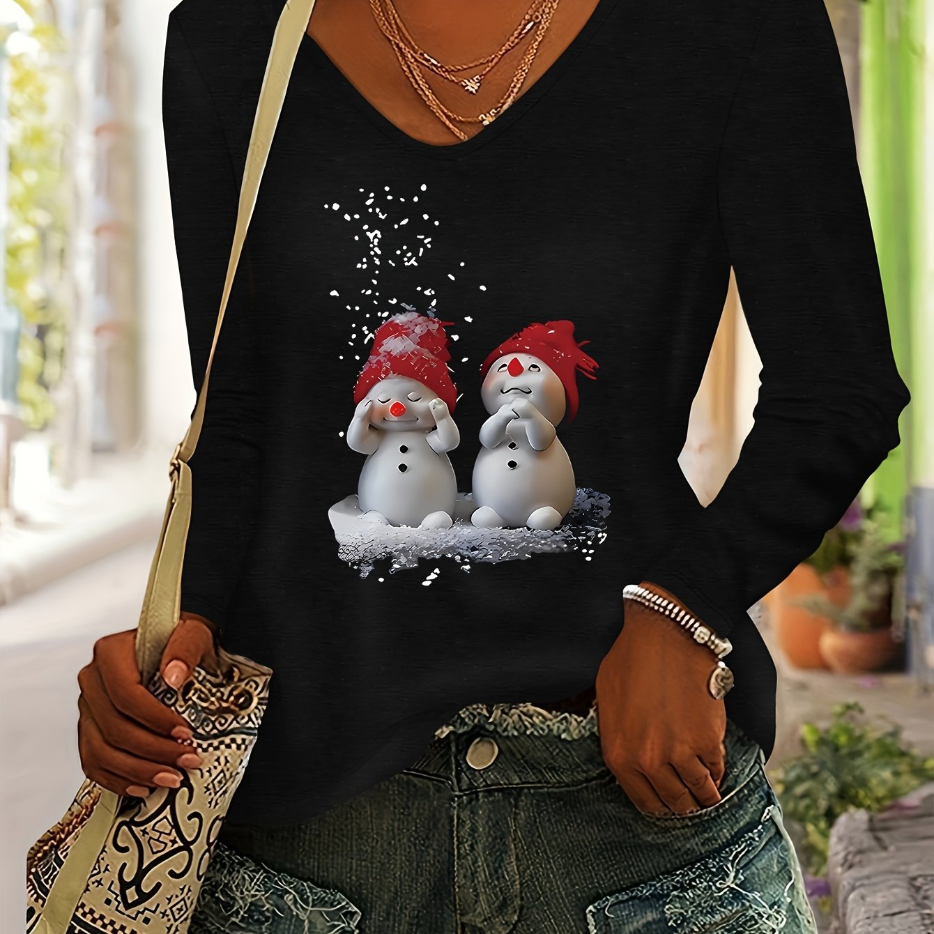 TEMU Christmas Snowman Print European And Women's Autumn/winter Daily Versatile Simple Comfortable Casual Colored V-neck Long Sleeve T-shirt