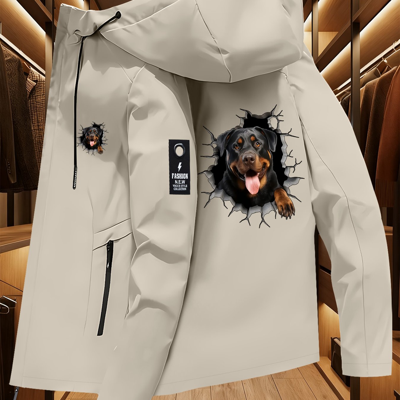 TEMU A Lightweight And Durable Jacket Suitable For Outdoor Hiking, Featuring A Cute Rottweiler Design With A Distressed Effect, Perfect For