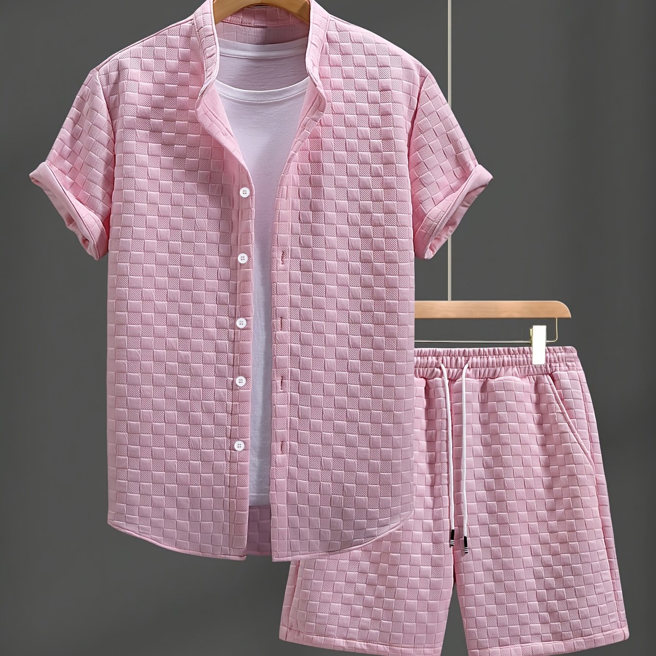 TEMU Мъжки ежедневен летен комплект с къс ръкав и къси панталони - светло син, с копчета, полиестер, идеален за ежедневно облекло, партита и