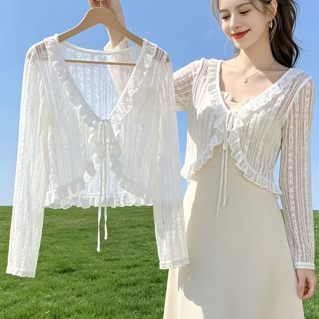 Image of Women's Cardigan Jacket, Summer Lightweight Breathable Lace Tie Shawl, Fashionable Versatile Short Cardigan Jacket, Outerwear For Slip Dresses