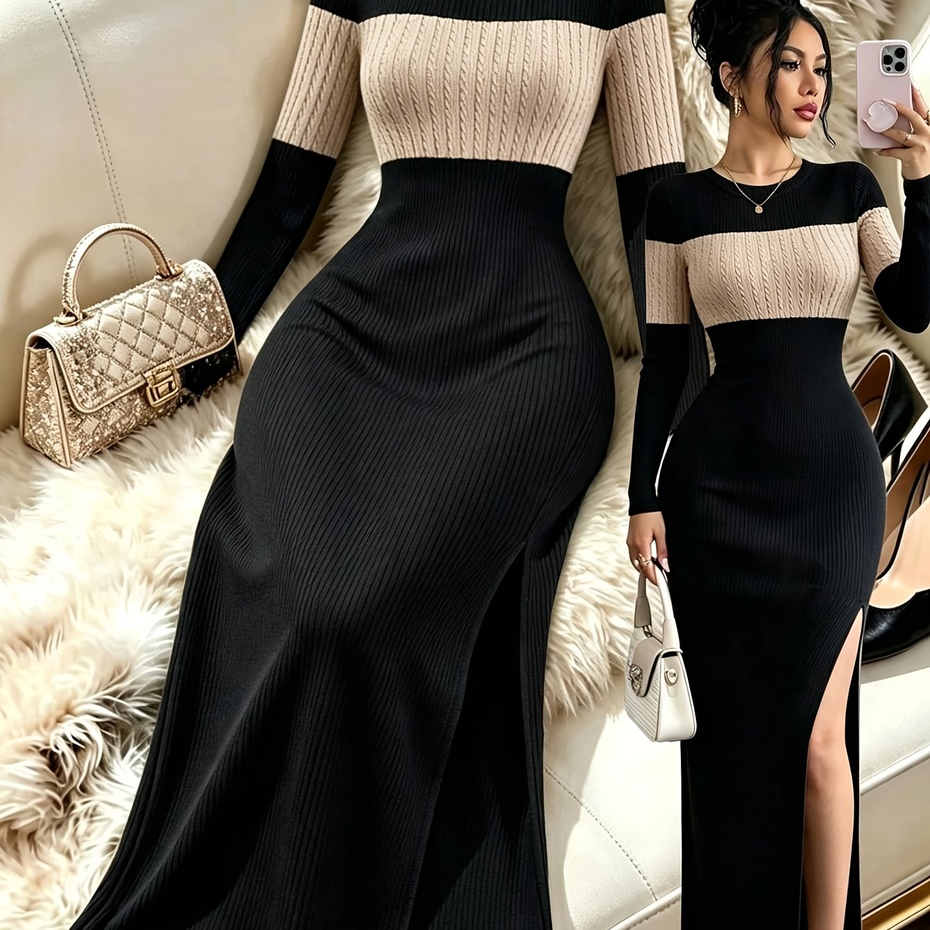 TEMU Vestido de mujer vintage de larga con bloques de color, cuello y abertura lateral