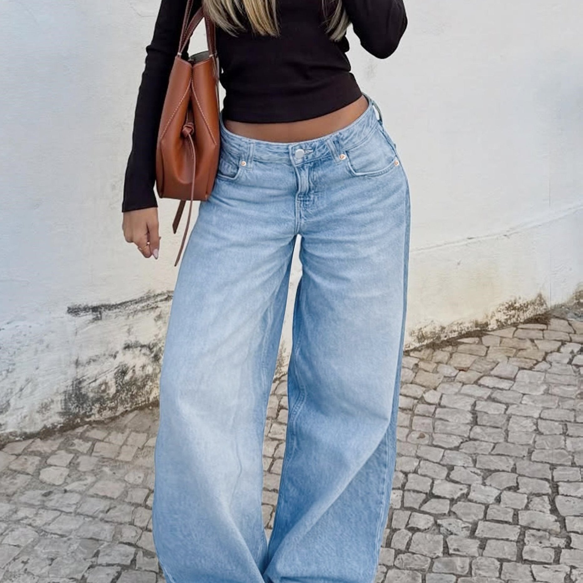 Image of Low-waisted, Loose, Wide-leg Washed Jeans For Women, Made Of Comfortable And Non-elastic Fabric, With A , Are Suitable For Women' And Work Outfits