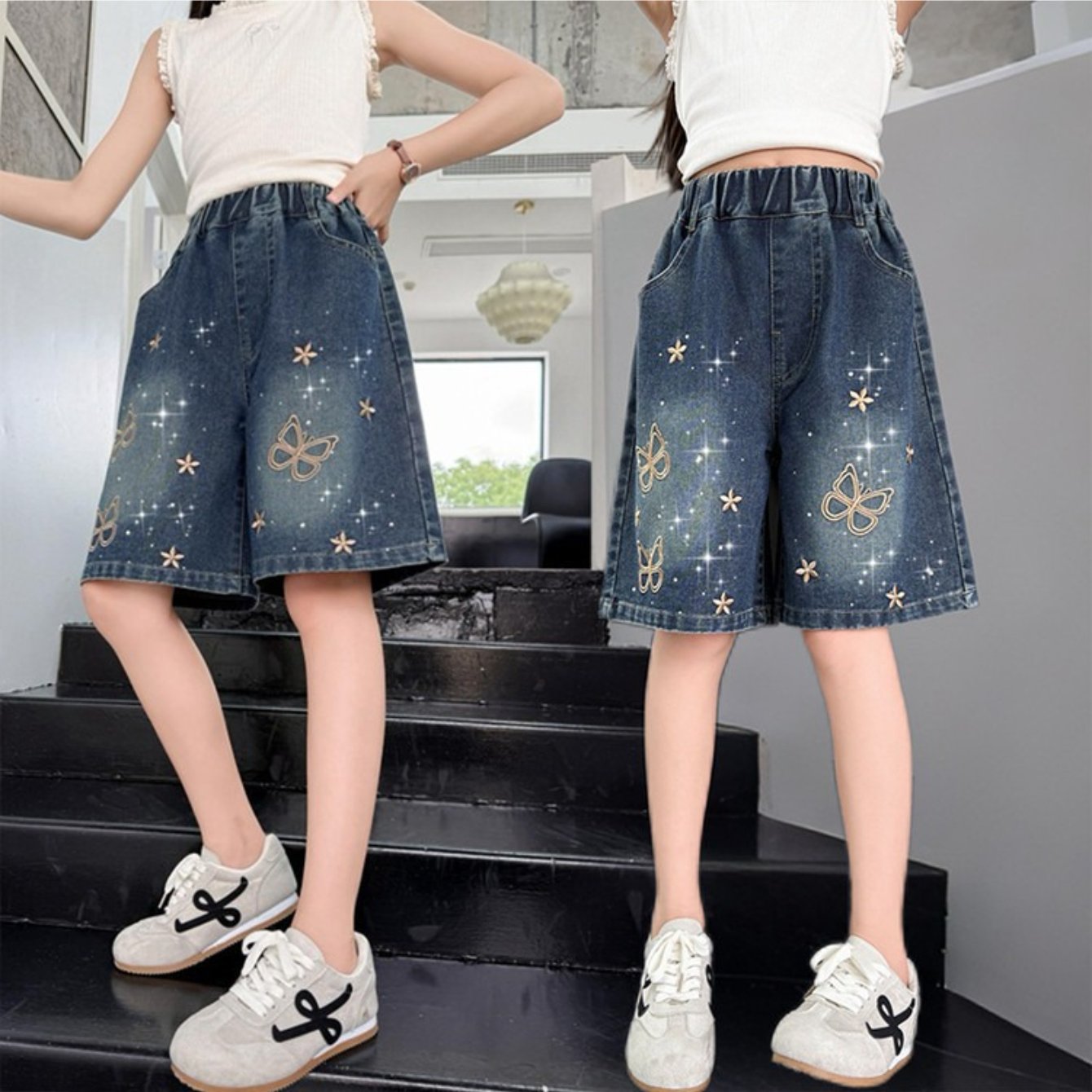 Girls Summer Denim Shorts For , Loose Fit Bermuda Jean Shorts, Fashionable Casual Outerwear Pants