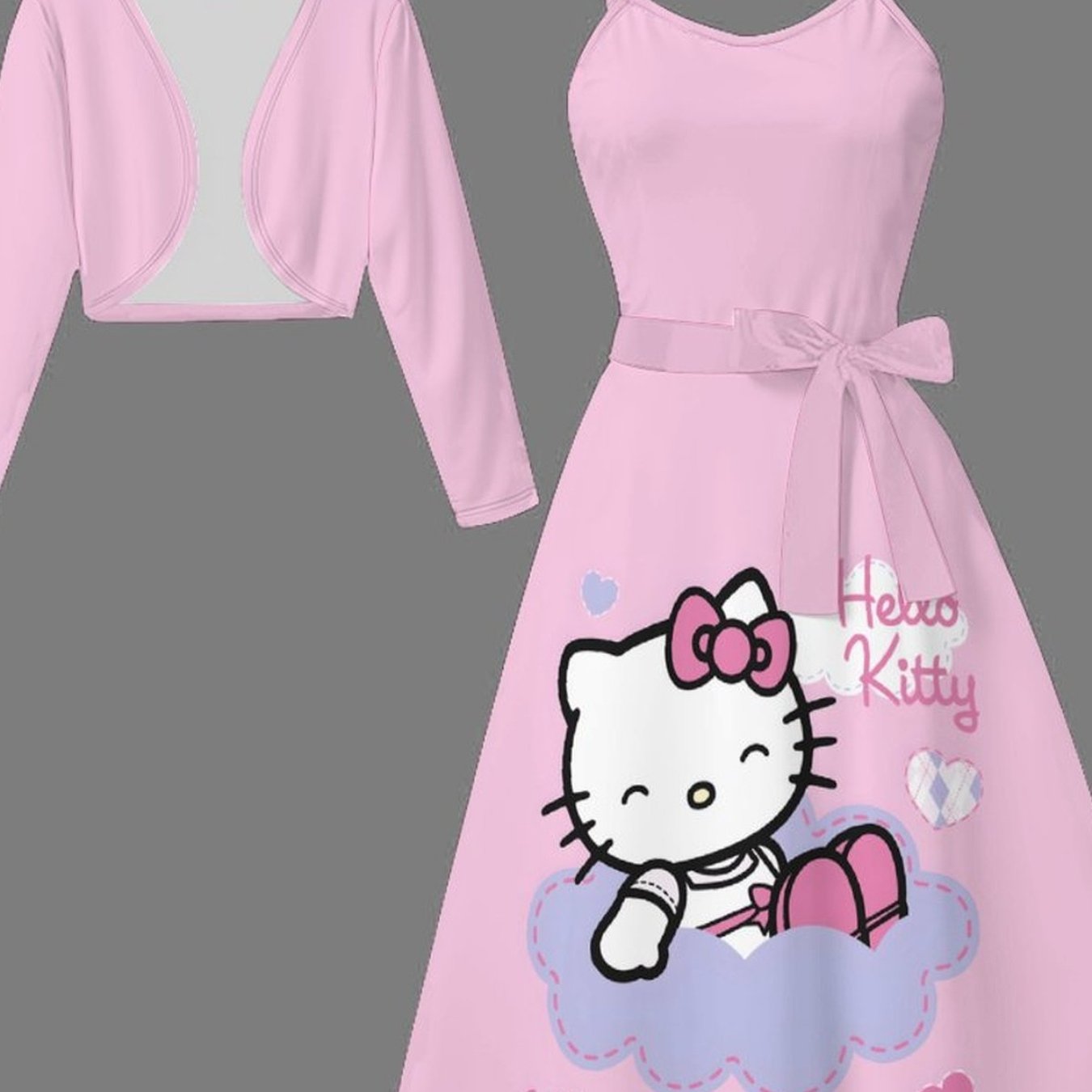 Image of Women's Long-sleeve Jacket And Tie-waist Midi Dress Set Featuring Hello Kitty, Kuromi, Melody, And Cinnamoroll . Comfortable, Stylish, And Elegant, Wear, Shopping, Parties, And Camping