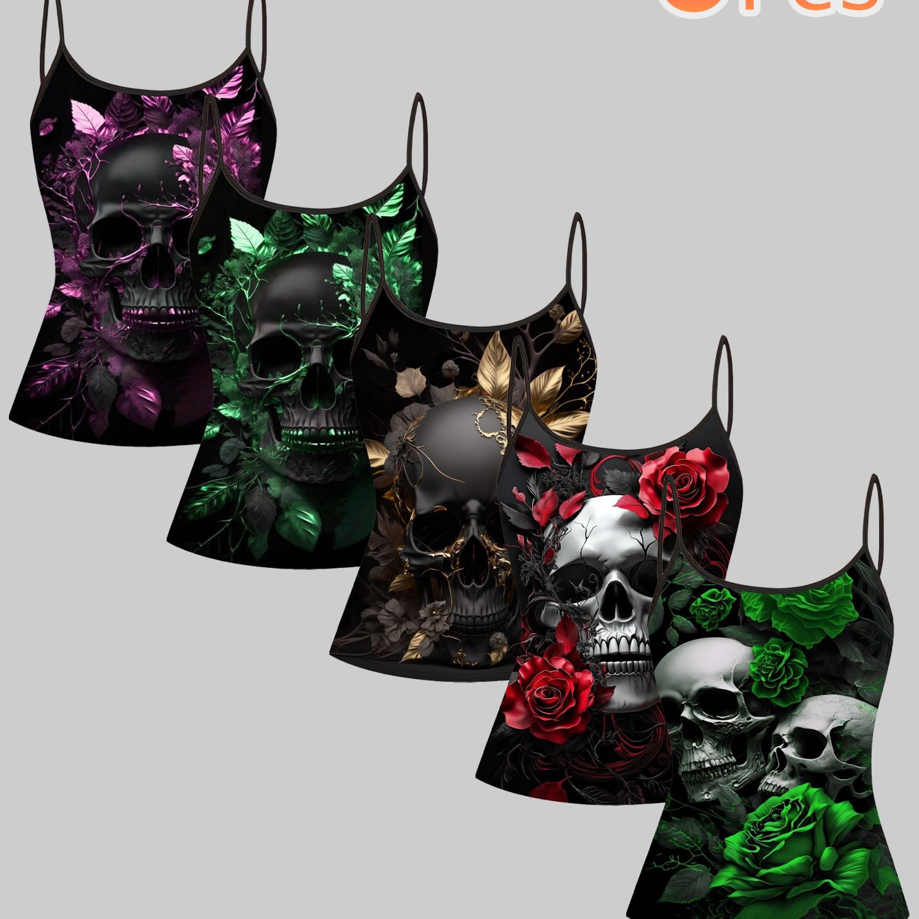 TEMU Plus Size - Plus Size - Plus Size 5pcs Set Featuring Dark Skull And Rose Camisole | Skull   Floral Print, Loose And Comfortable, Perfect For A