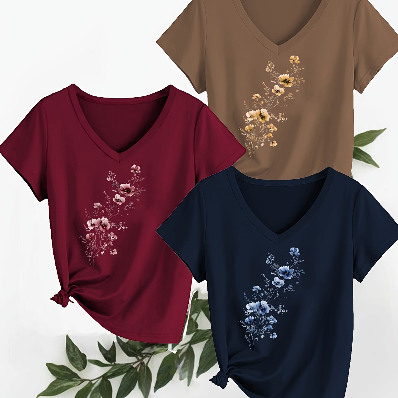 TEMU 3pcs Women's Short-sleeve V-neck Blouses - Loose-fit Breathable T-shirts With Plum/prune Flower Print, Machine-washable Spring Summer Fall